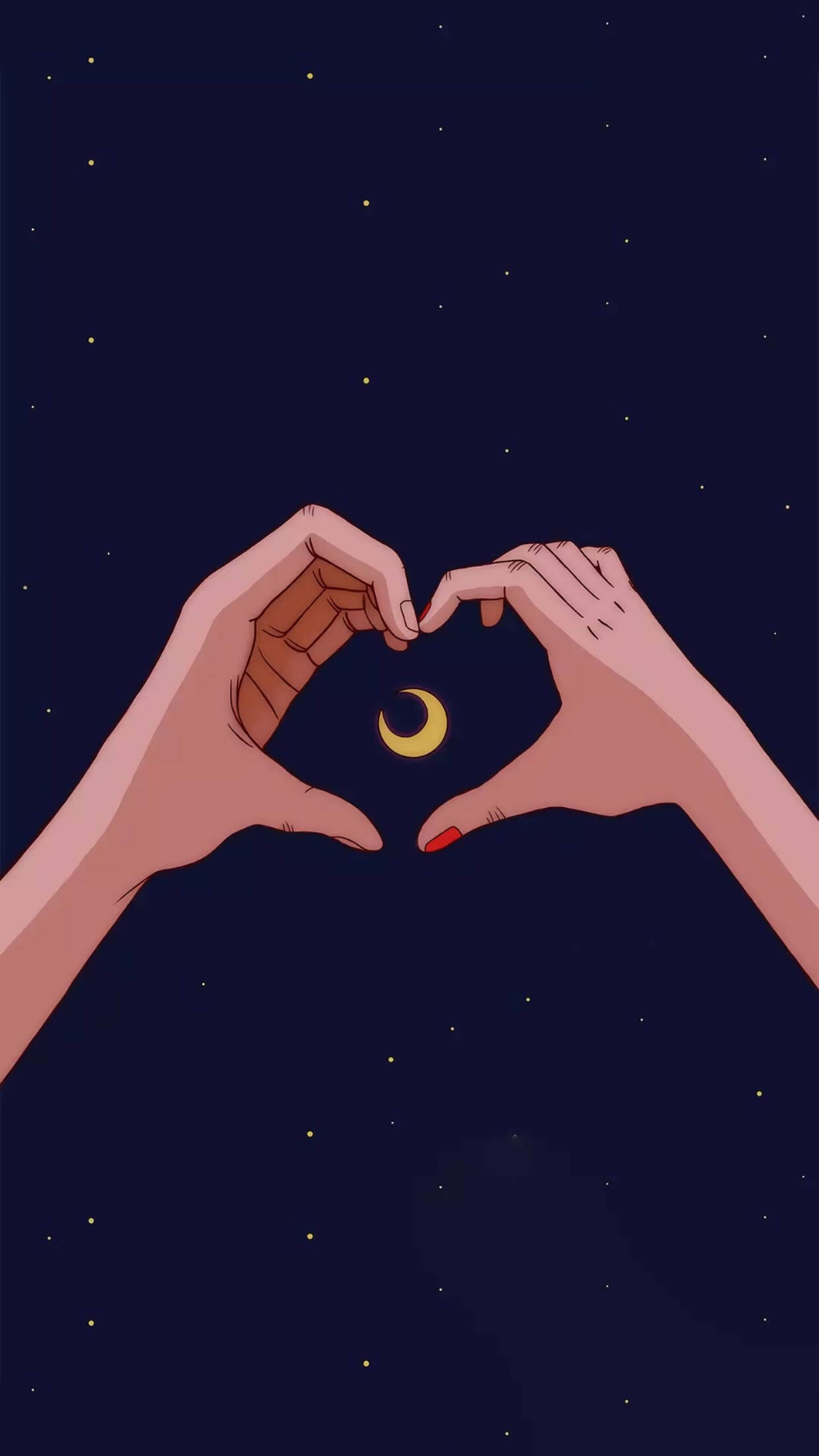 Herzhände, Mondsichel, Sternenhimmel, Dunkelblau, Illustration, Android-Hintergrundbild