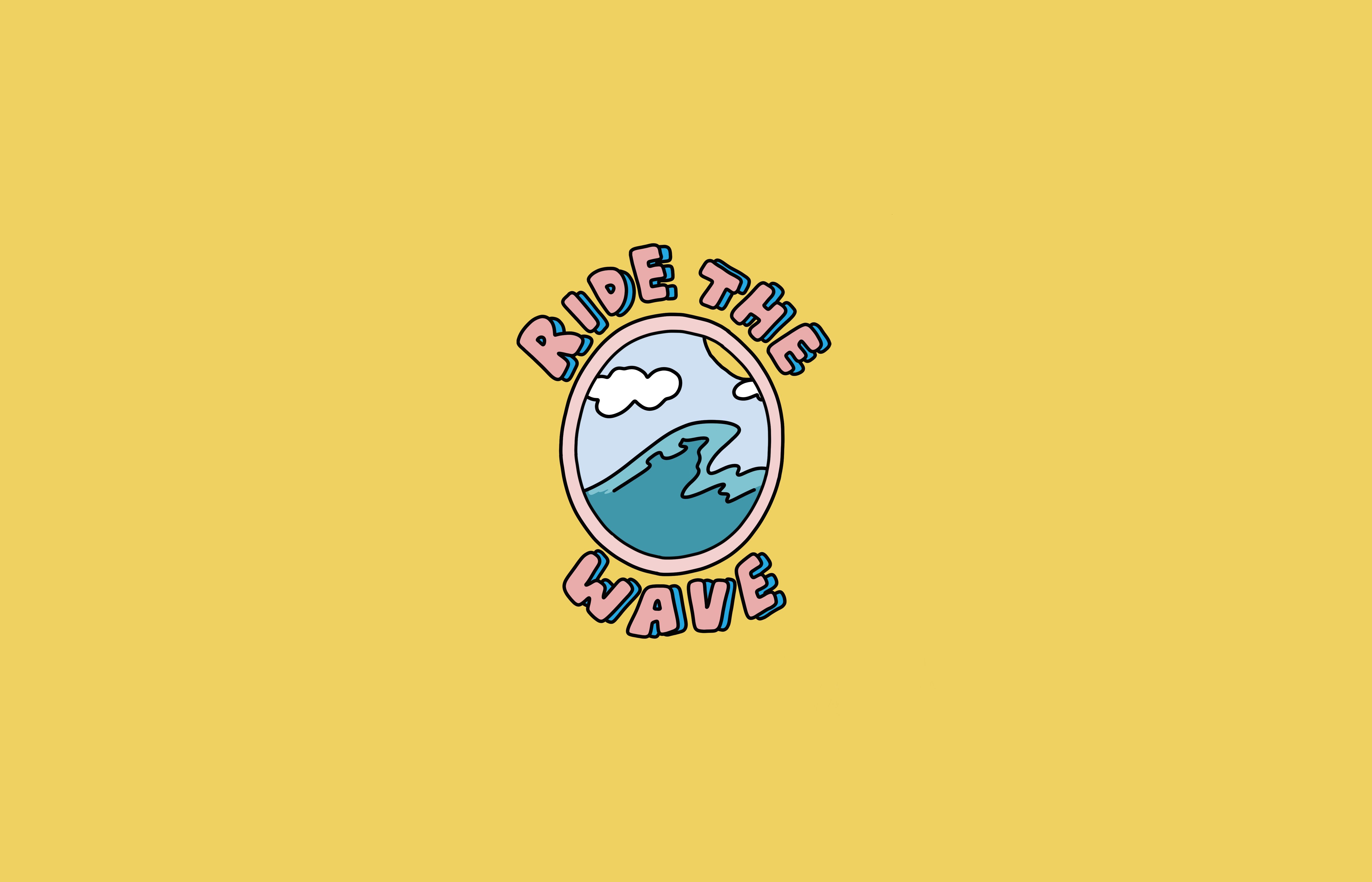 Ride the wave, Aufkleber, Welle, Gelber Hintergrund, Minimalismus, 5K Wallpaper