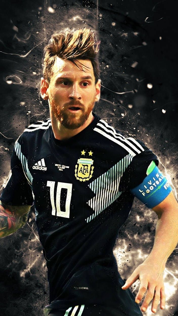 Lionel Messi, Argentinische Nationalmannschaft, Schwarzes Trikot, Funken, Dunkel, Hochformat-Hintergrundbild