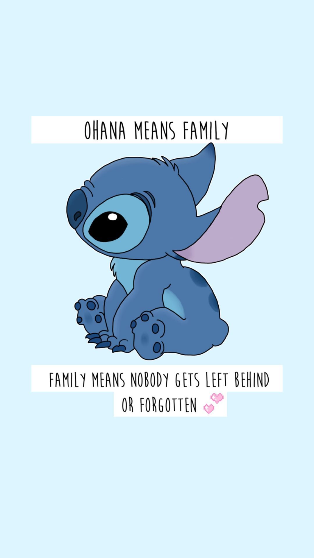 Stitch, Ohana, Zitat, Lilo & Stitch, Hellblau, Full HD, Handy-Hintergrund im Hochformat
