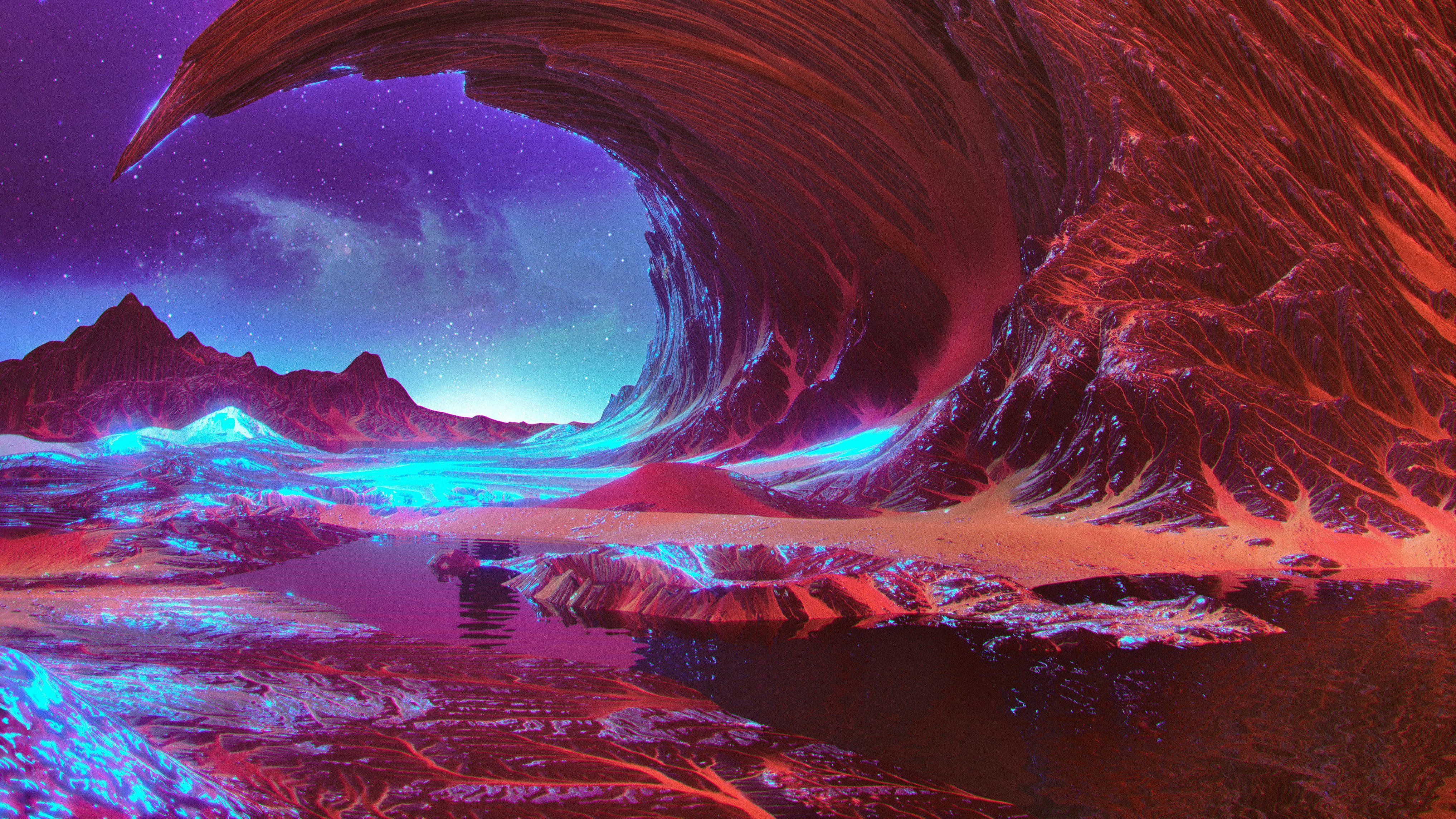 Riesige Welle, Fantasielandschaft, Sternenhimmel, Rot, Surreal, 4K, Windows-Hintergrundbild