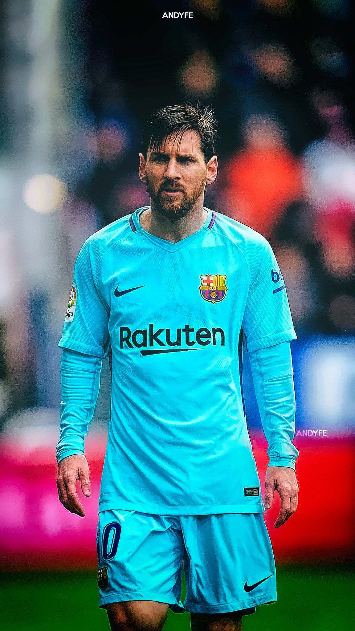 Lionel Messi, FC Barcelona, Türkises Auswärtstrikot, Spielfeld, Full HD, Handy-Hintergrund