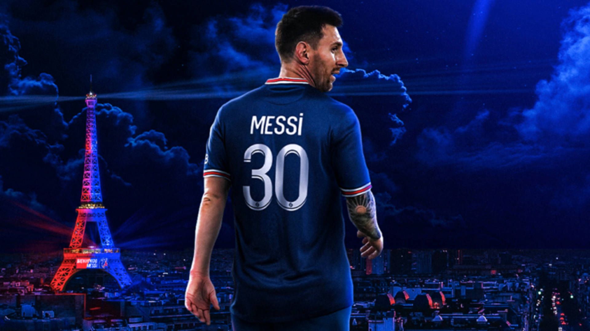 Lionel Messi, Paris Saint-Germain, Eiffelturm, Nummer 30, Nacht, Full HD, Breitbild-Hintergrundbild