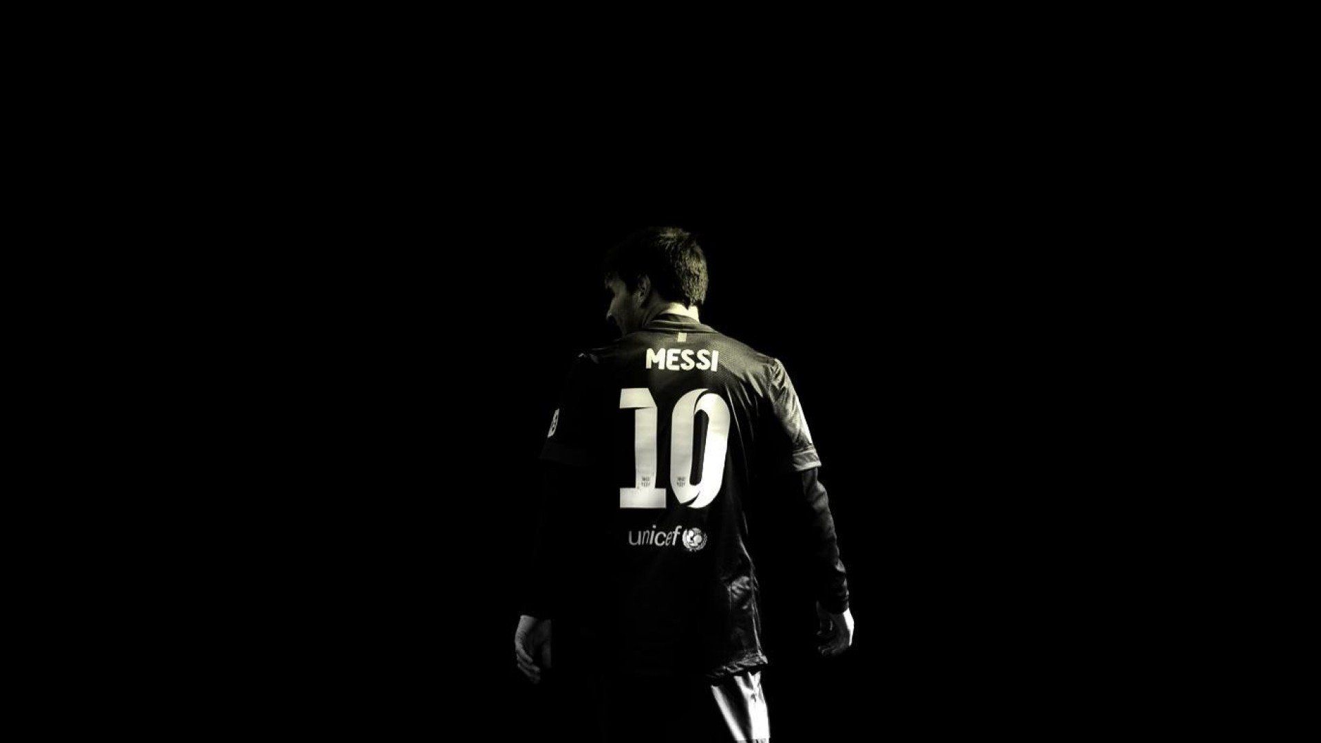 Lionel Messi, FC Barcelona, Rückennummer 10, Schwarzer Hintergrund, Silhouette, 1080p Wallpaper