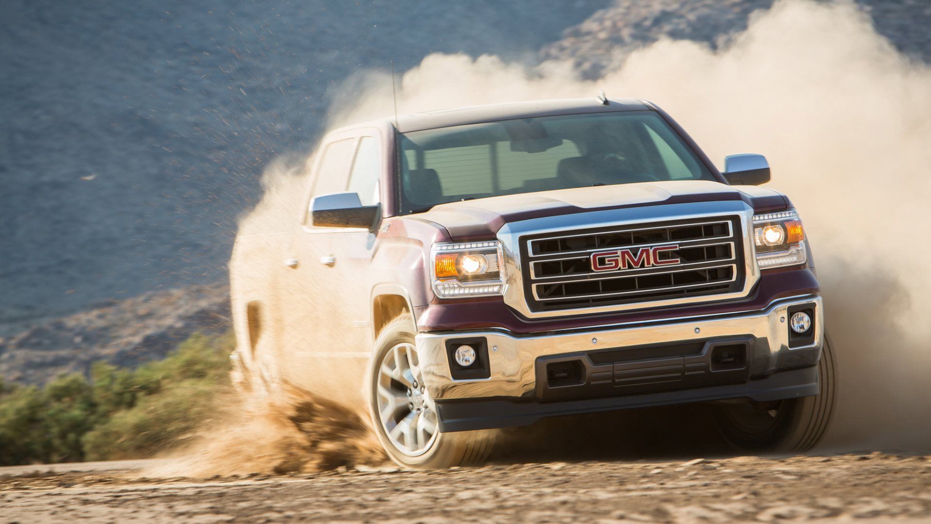 GMC Sierra, GMC, Pick-up, Staub, Offroad, Bordeauxrot, Full HD 1080p, Desktop-Hintergrundbild