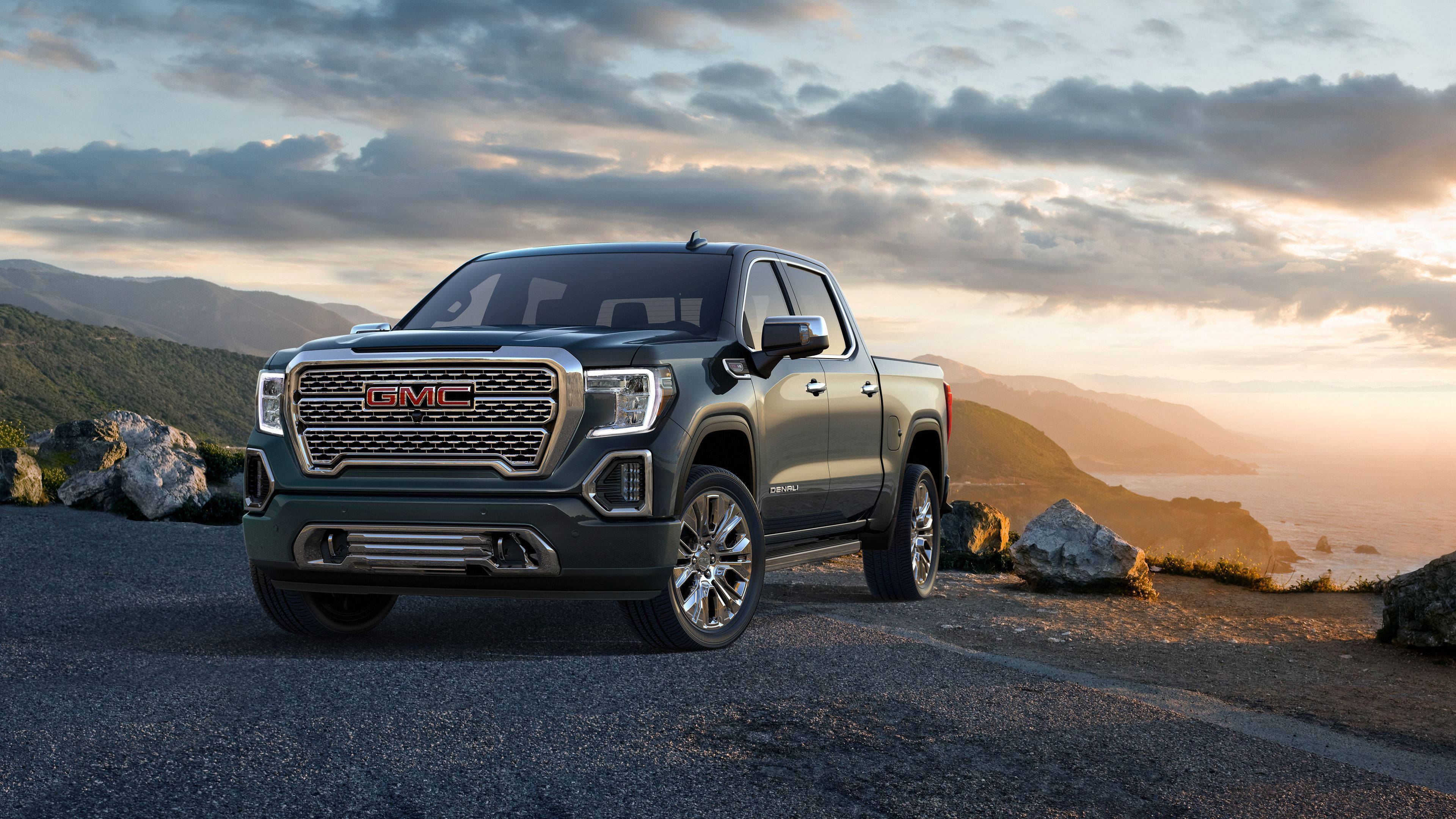 GMC Sierra Denali, GMC, Pick-up, Küste, Sonnenuntergang, 3840x2160, PC-Hintergrundbild