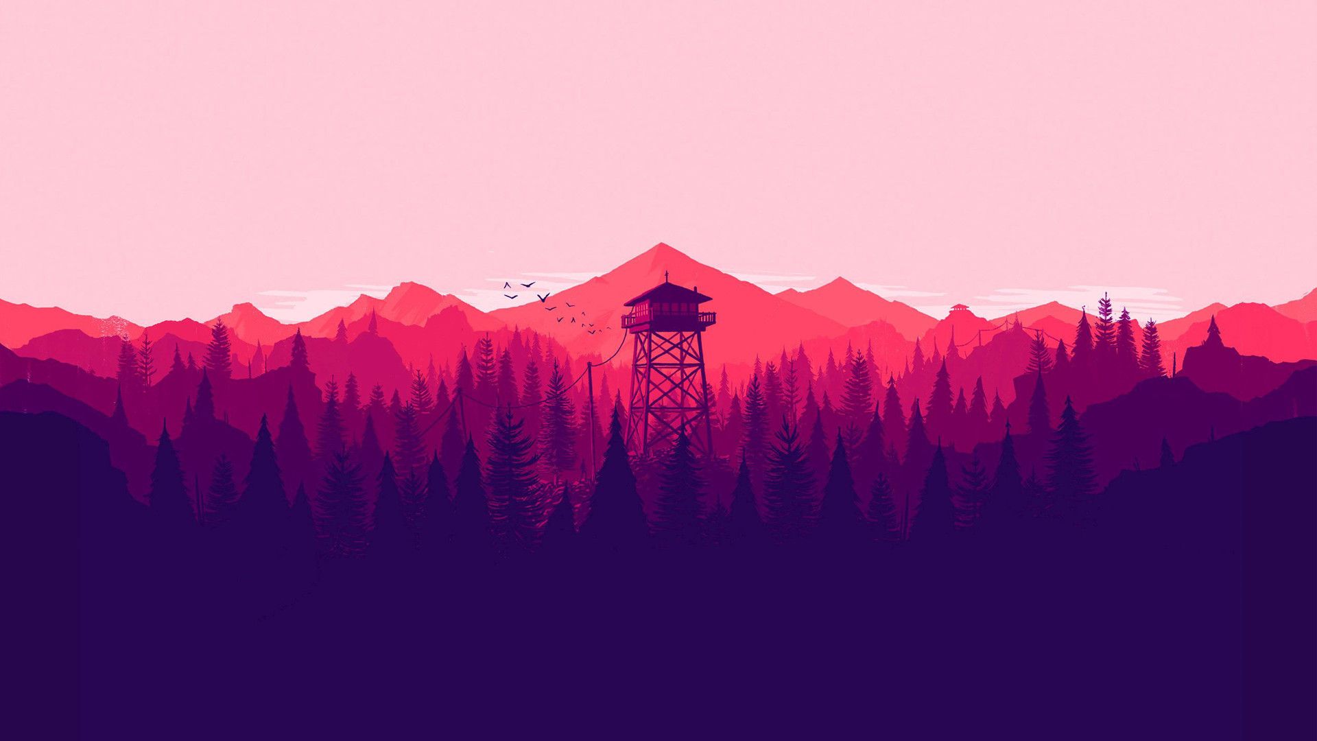 Firewatch, Feuerwachturm, Wald, Berge, Rosa, Lila, Full HD 1080p, Desktop-Hintergrundbild