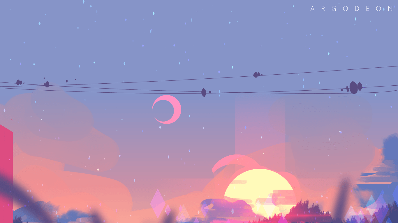 Mondsichel, Sonnenuntergang, Stromleitungen, Vögel, Pastell, Illustration, HD, Windows-Hintergrundbild