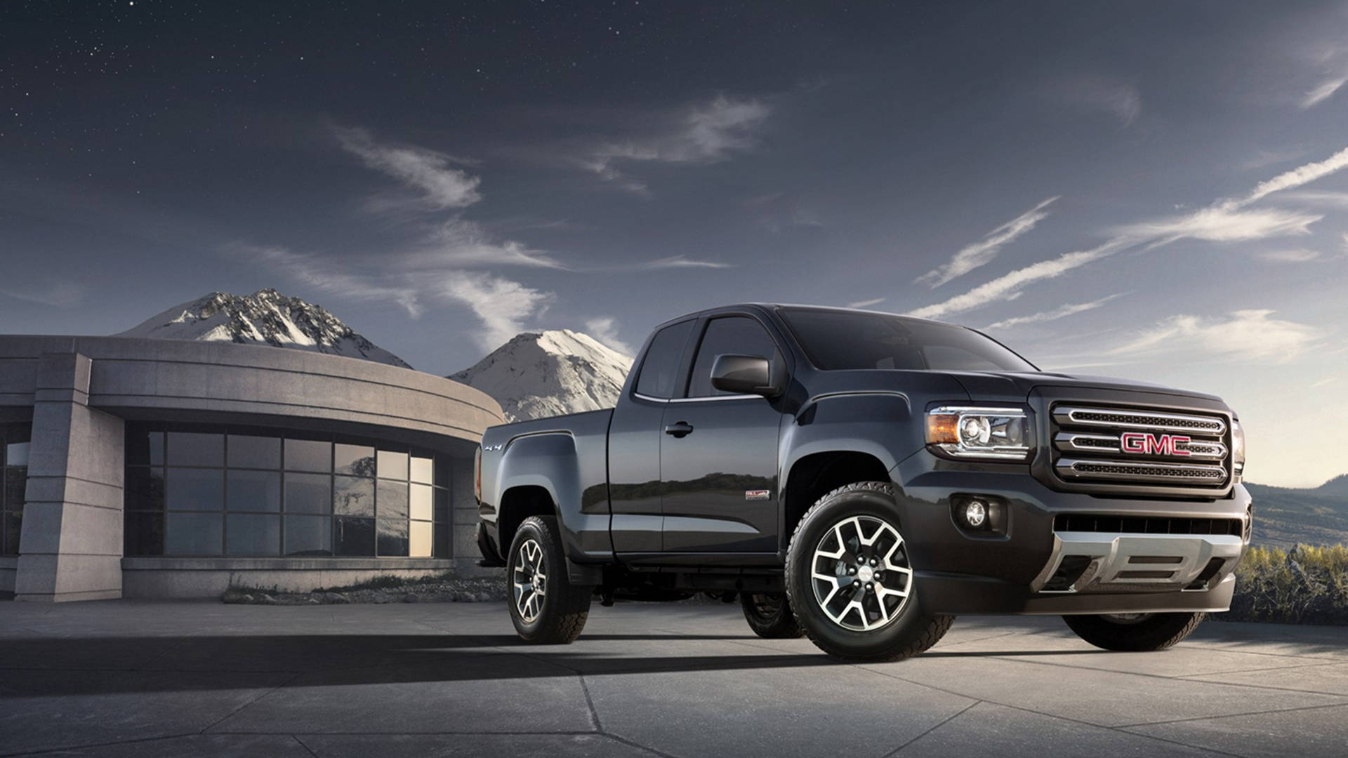 GMC Canyon, GMC, Pick-up, Moderne Architektur, Berge, 1920x1080, Full-HD-Hintergrundbild für PC
