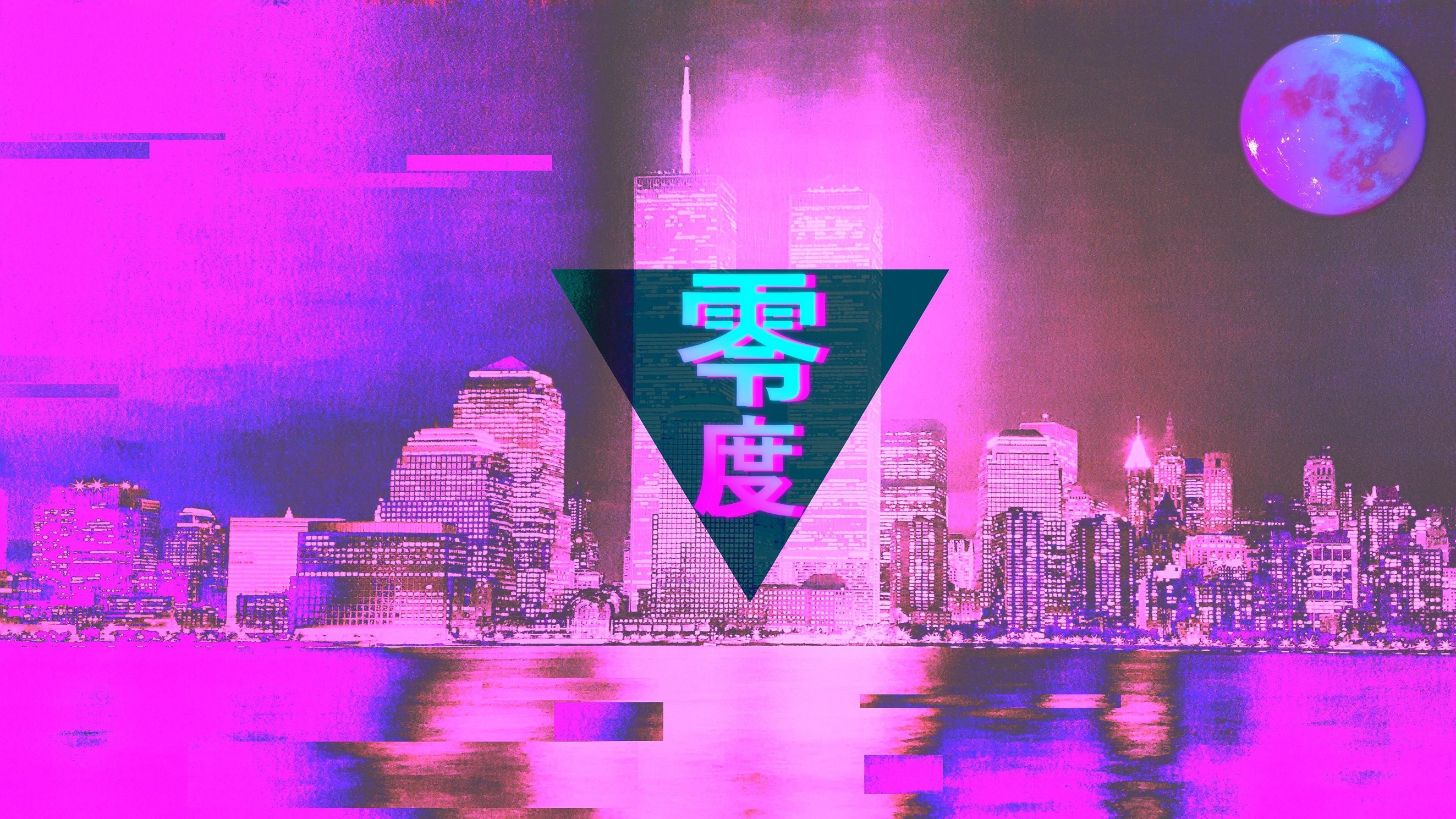 Vaporwave, Skyline, Kanji, Glitch-Art, Magenta, Mond, 16:9, 2K-Hintergrundbild für den Desktop