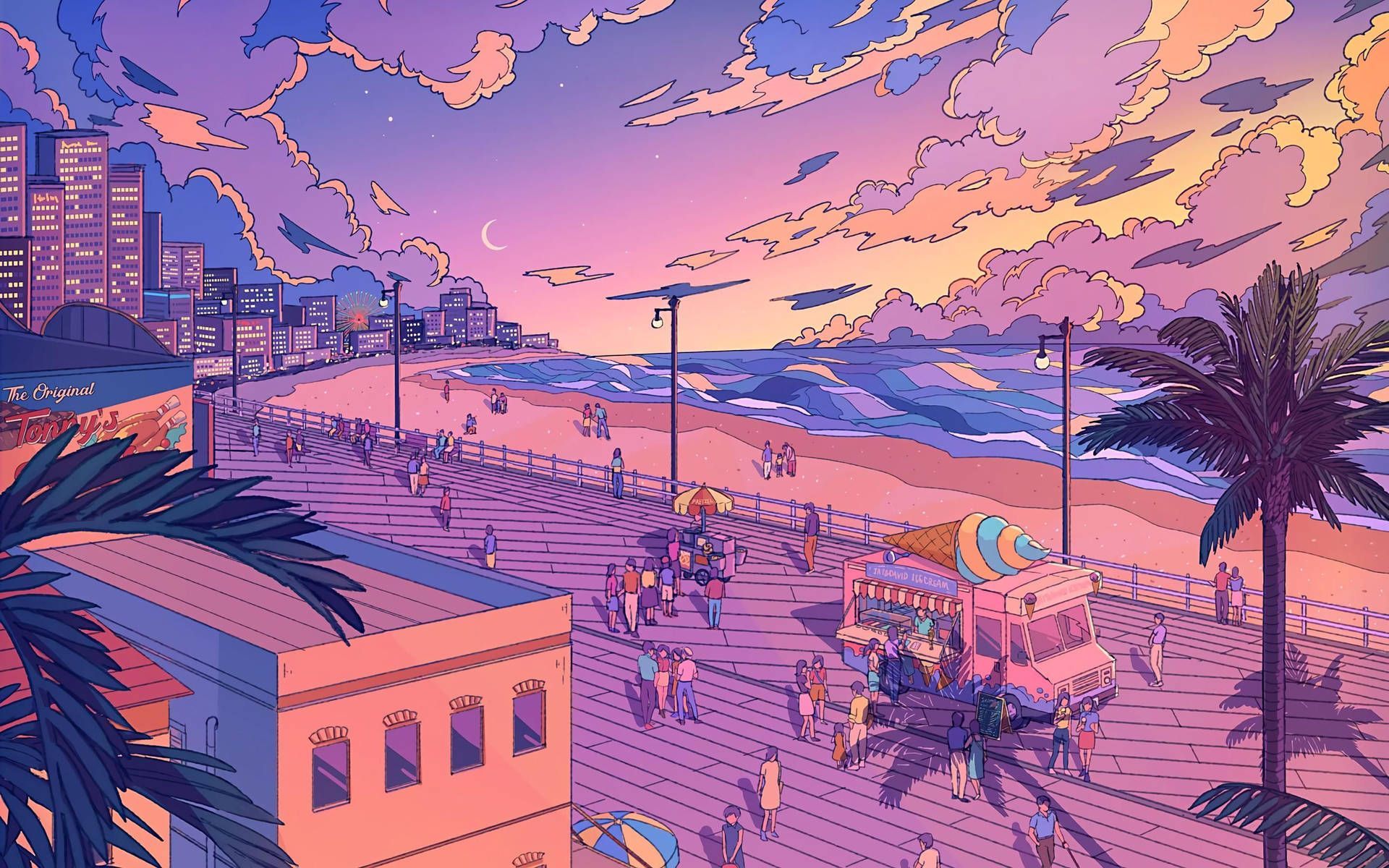 Strandpromenade, Anime-Stil, Palmen, Sonnenuntergang, Meer, Full-HD-Hintergrundbild für PC