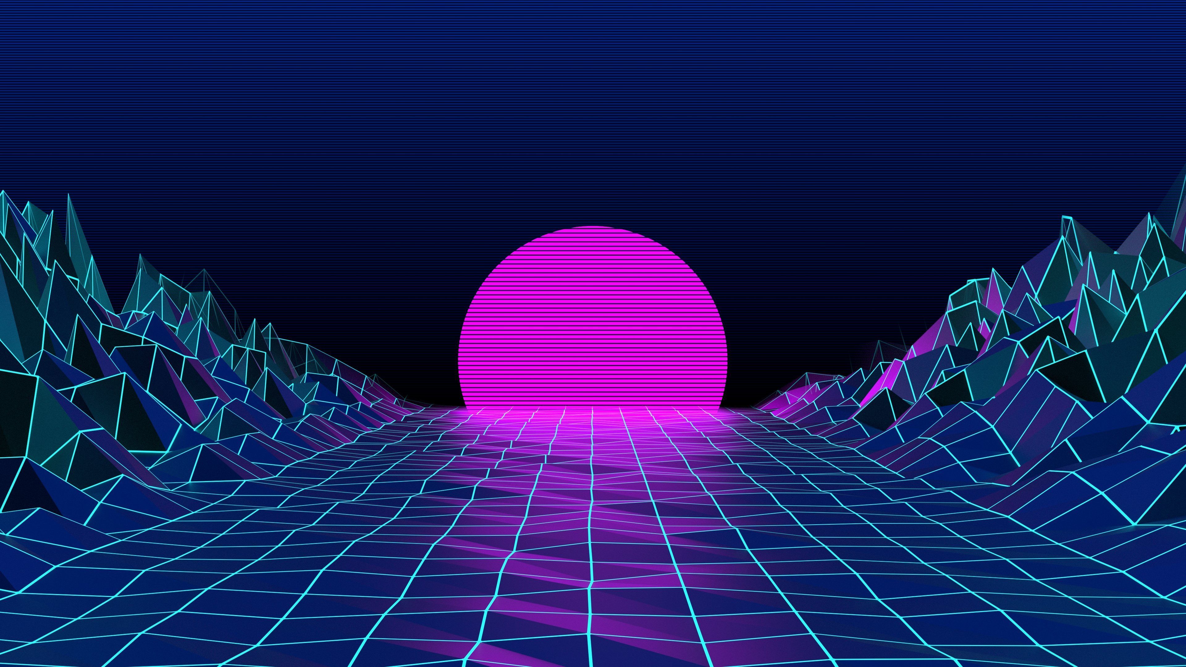 Synthwave, Sonne, Neon-Gitter, Berge, Magenta, 4K 2160p, Desktop-Hintergrundbild