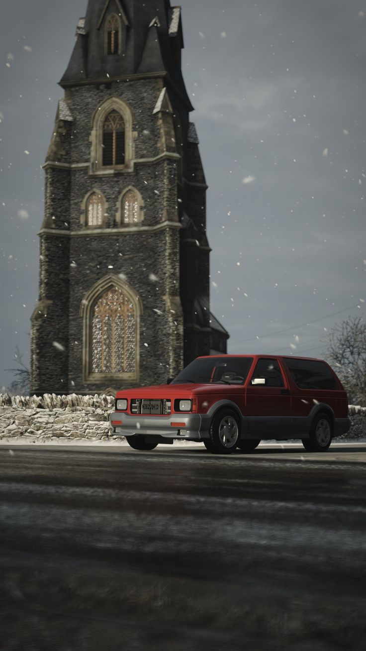 GMC, Rotes Auto, Kirchturm, Nacht, Düster, HD, Hintergrundbild fürs Handy