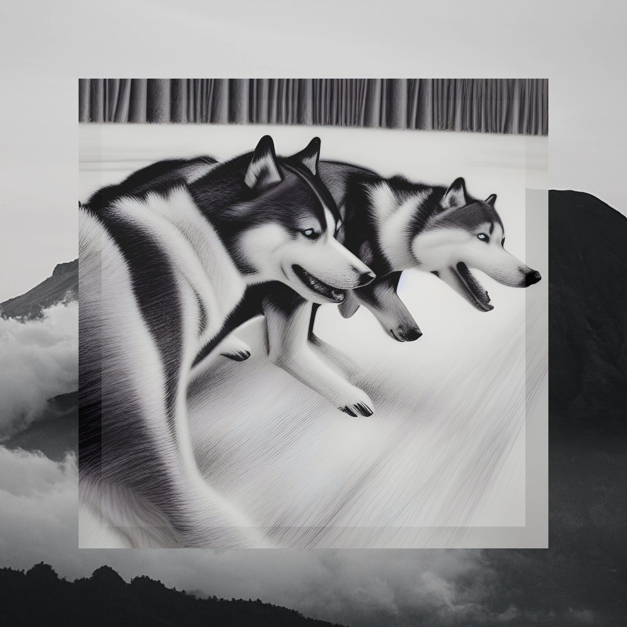 Huskys, Schwarz-Weiß, Barcode, Kunst, Wölfe, Full HD, Hintergrundbild fürs Tablet