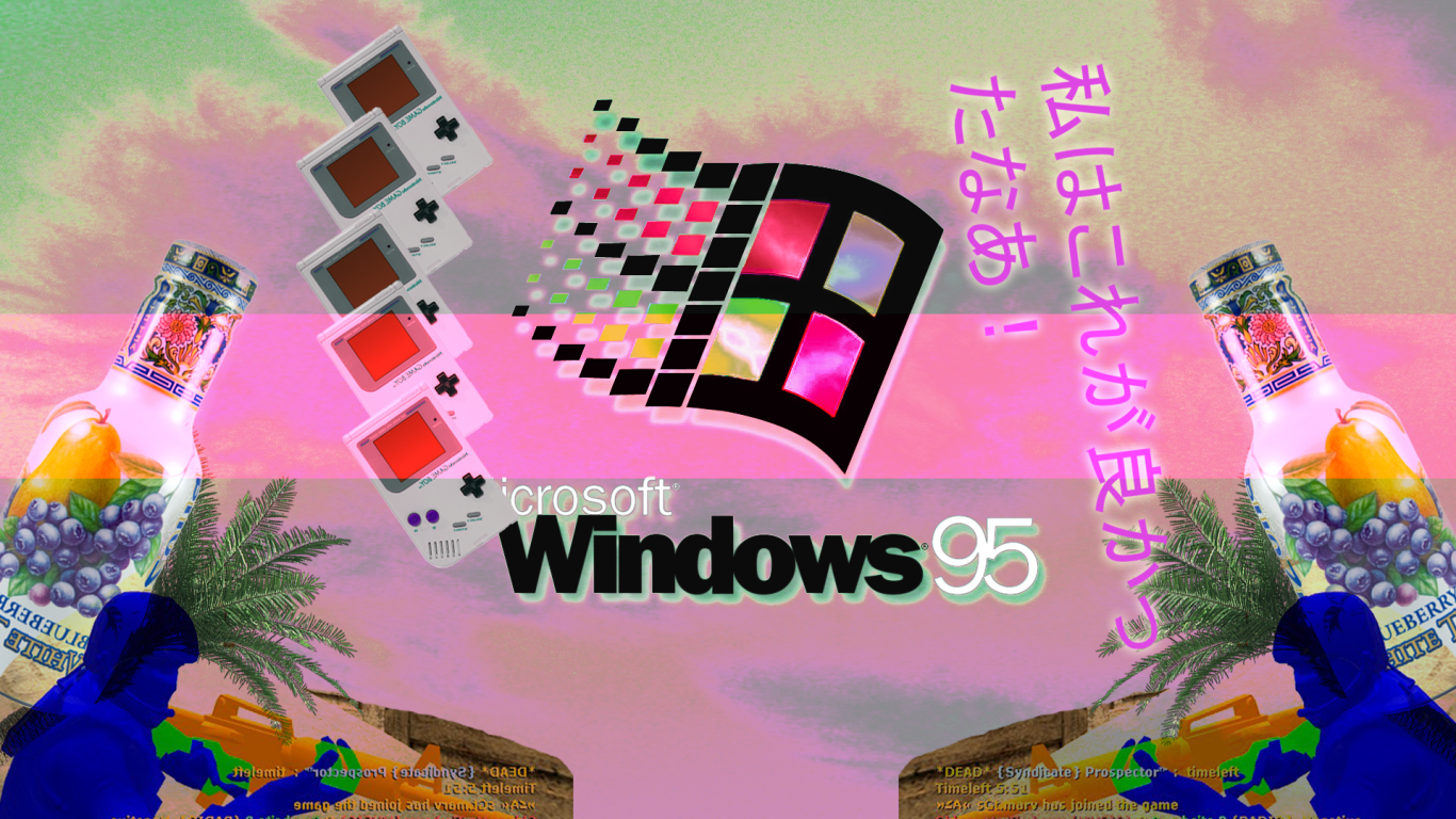 Windows 95, Vaporwave, Windows-Logo, Japanische Schrift, Collage, HD, PC-Hintergrundbild