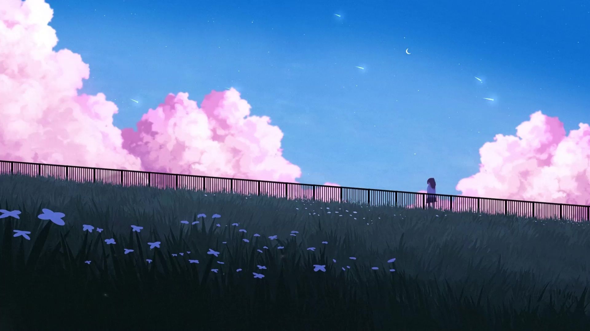 Anime-Stil, Rosa Wolken, Wiese, Zaun, Blauer Himmel, 1920x1080, Full-HD-Hintergrundbild für PC