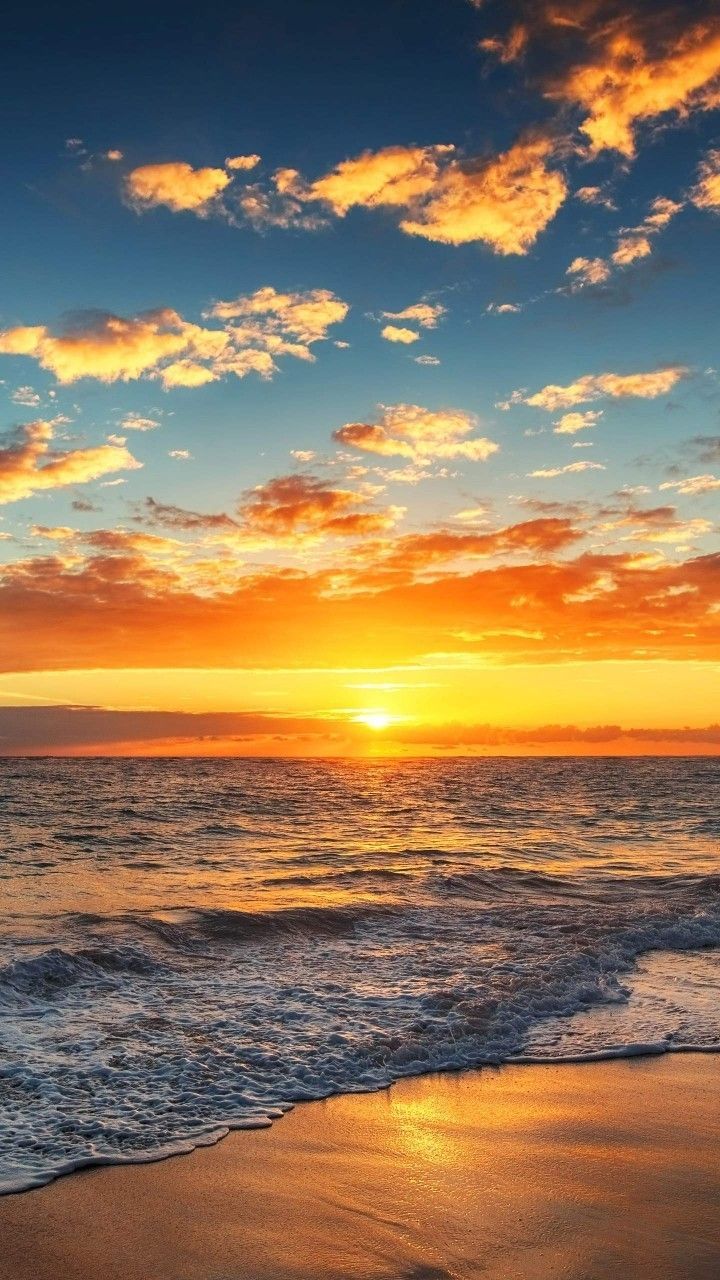 Sonnenuntergang, Meer, Wolken, Orange, Strand, Hochformat, Hintergrundbild fürs Smartphone
