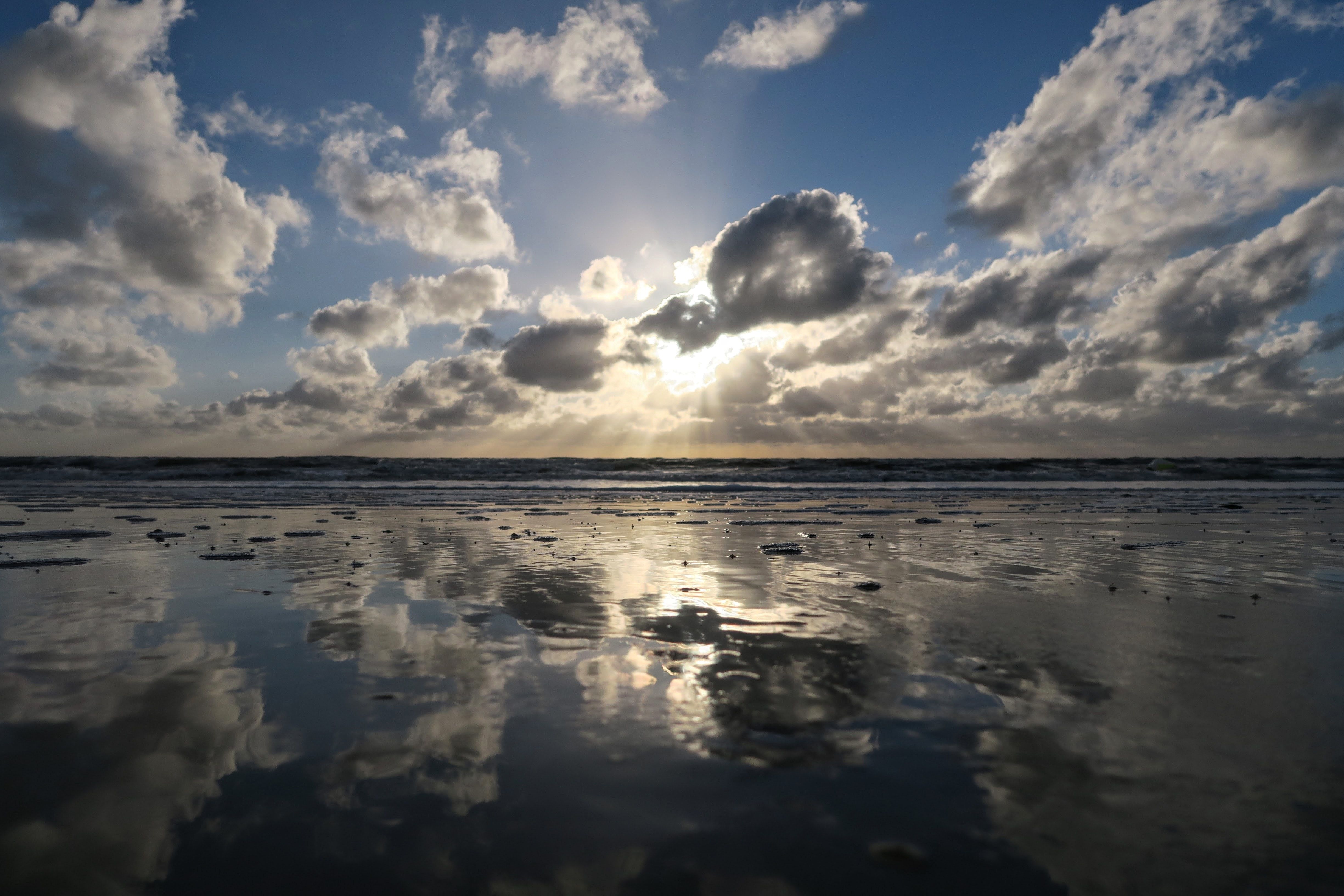 Wattenmeer, Wolken, Spiegelung, Gegenlicht, Dramatischer Himmel, 4K, Desktop-Hintergrund
