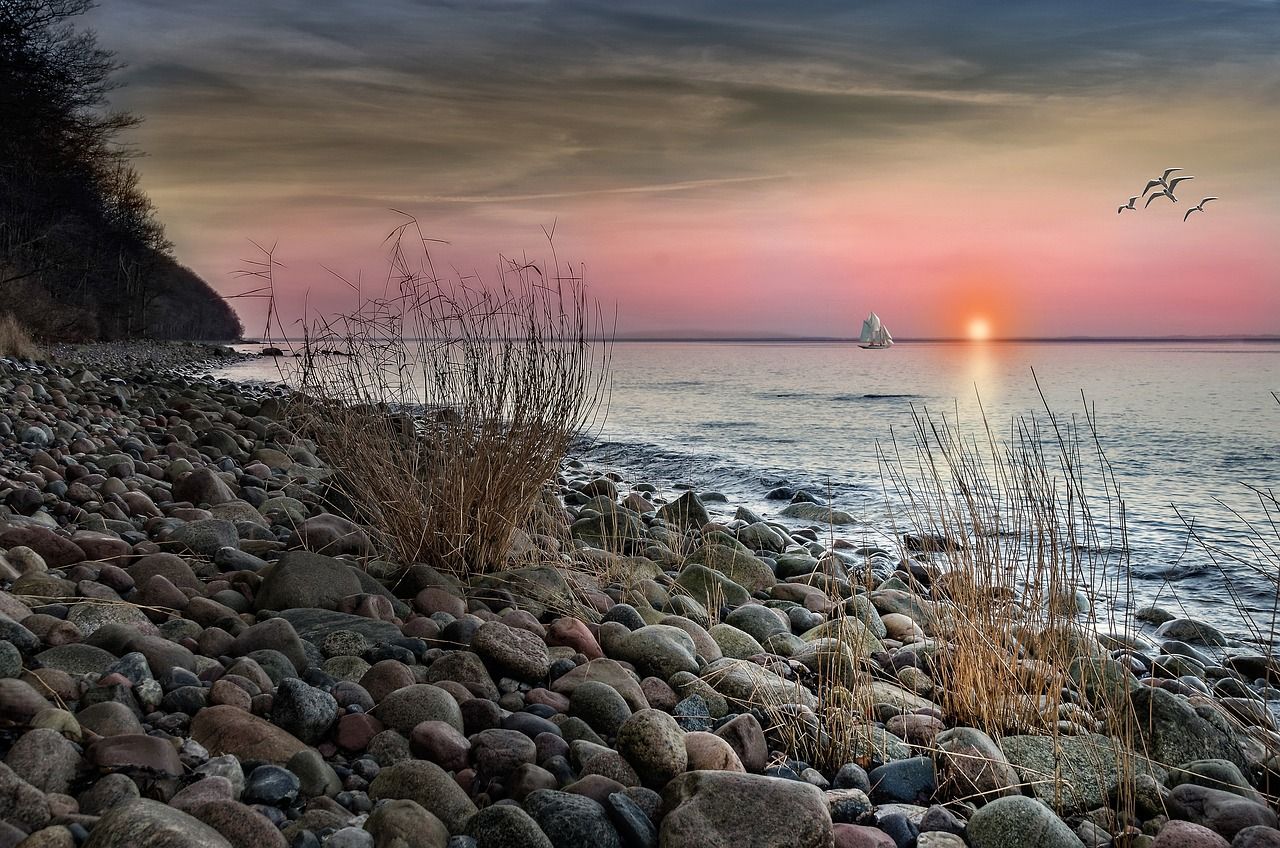 Steilküste, Steinstrand, Sonnenuntergang, Strandgras, Ostsee, HD, PC-Hintergrundbild