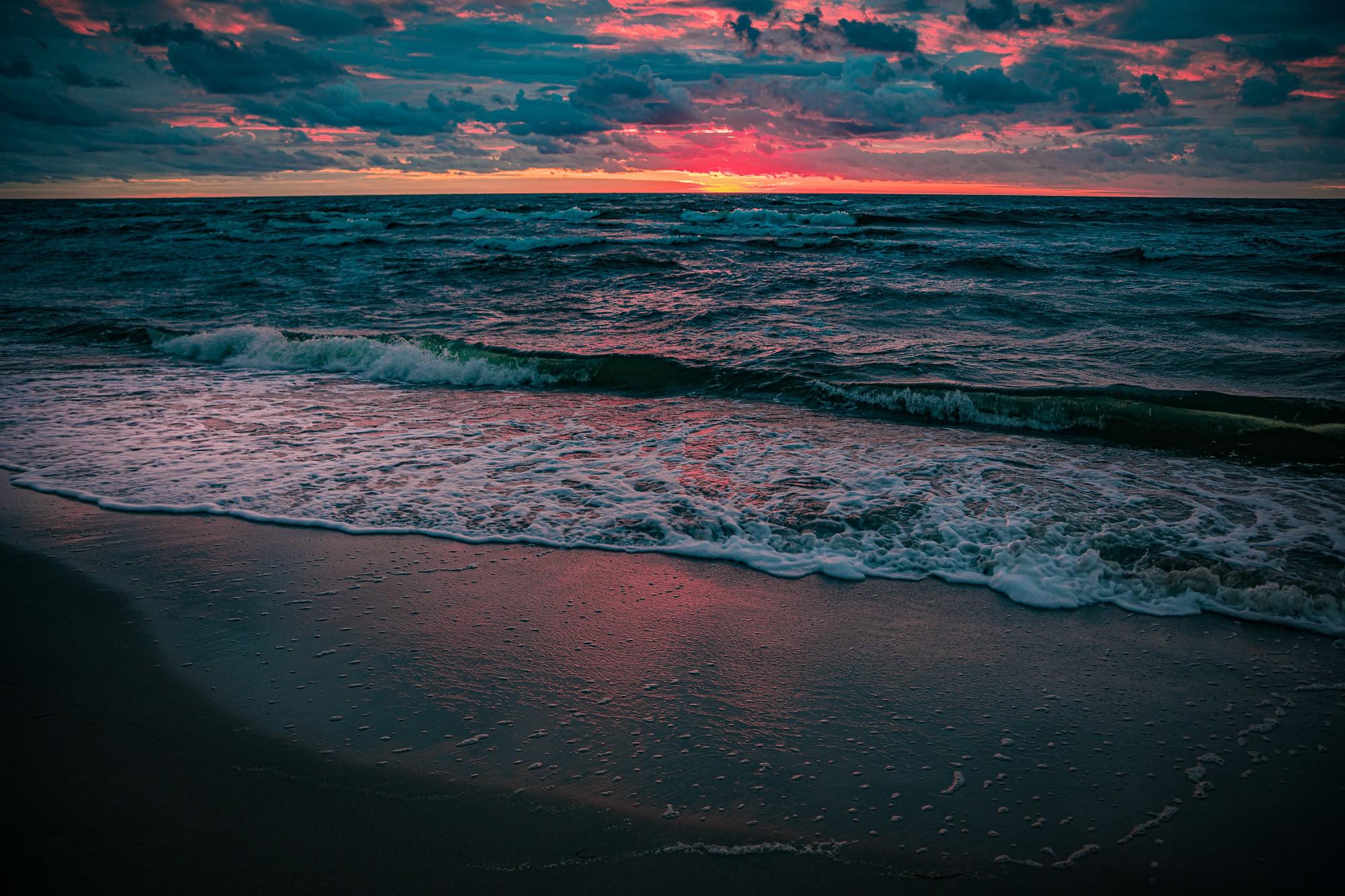 Wellen, Strand, Abendrot, Dramatischer Himmel, Ostsee, Full HD, Desktop-Hintergrund für Windows