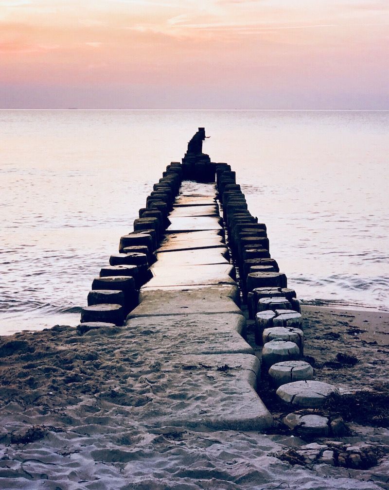 Buhnen, Strand, Abendlicht, Rosa Himmel, Meer, Hintergrundbild für iPad und Tablet