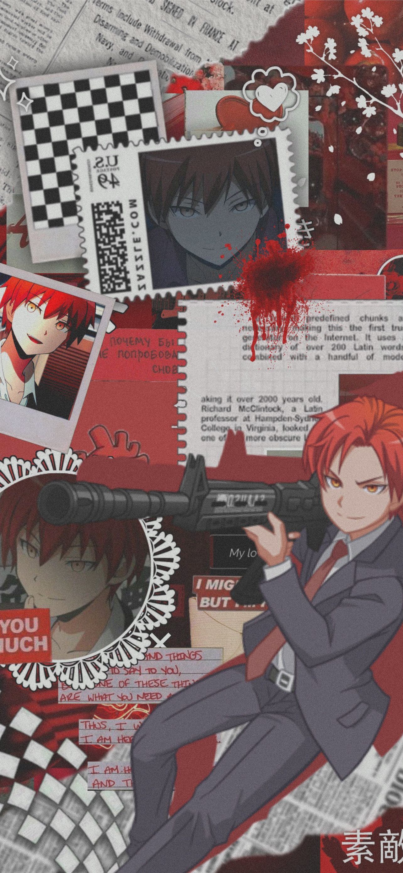 Karma Akabane, Assassination Classroom, Collage, Rot, Schwarz-Weiß, Full HD, iPhone-Hintergrundbild