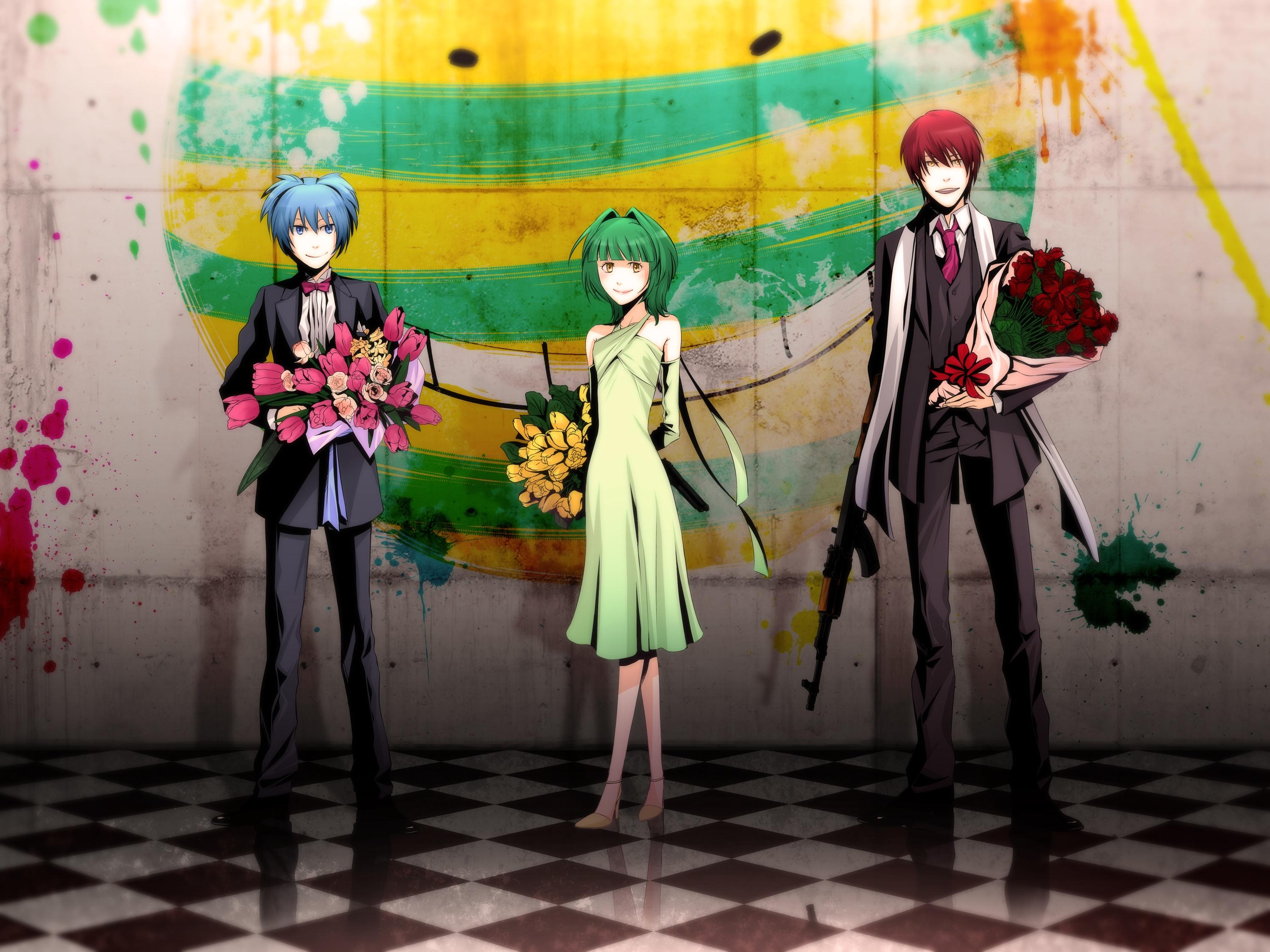 Nagisa Shiota, Kaede Kayano, Karma Akabane, Assassination Classroom, Blumen, Schachbrettboden, Tablet-Hintergrund