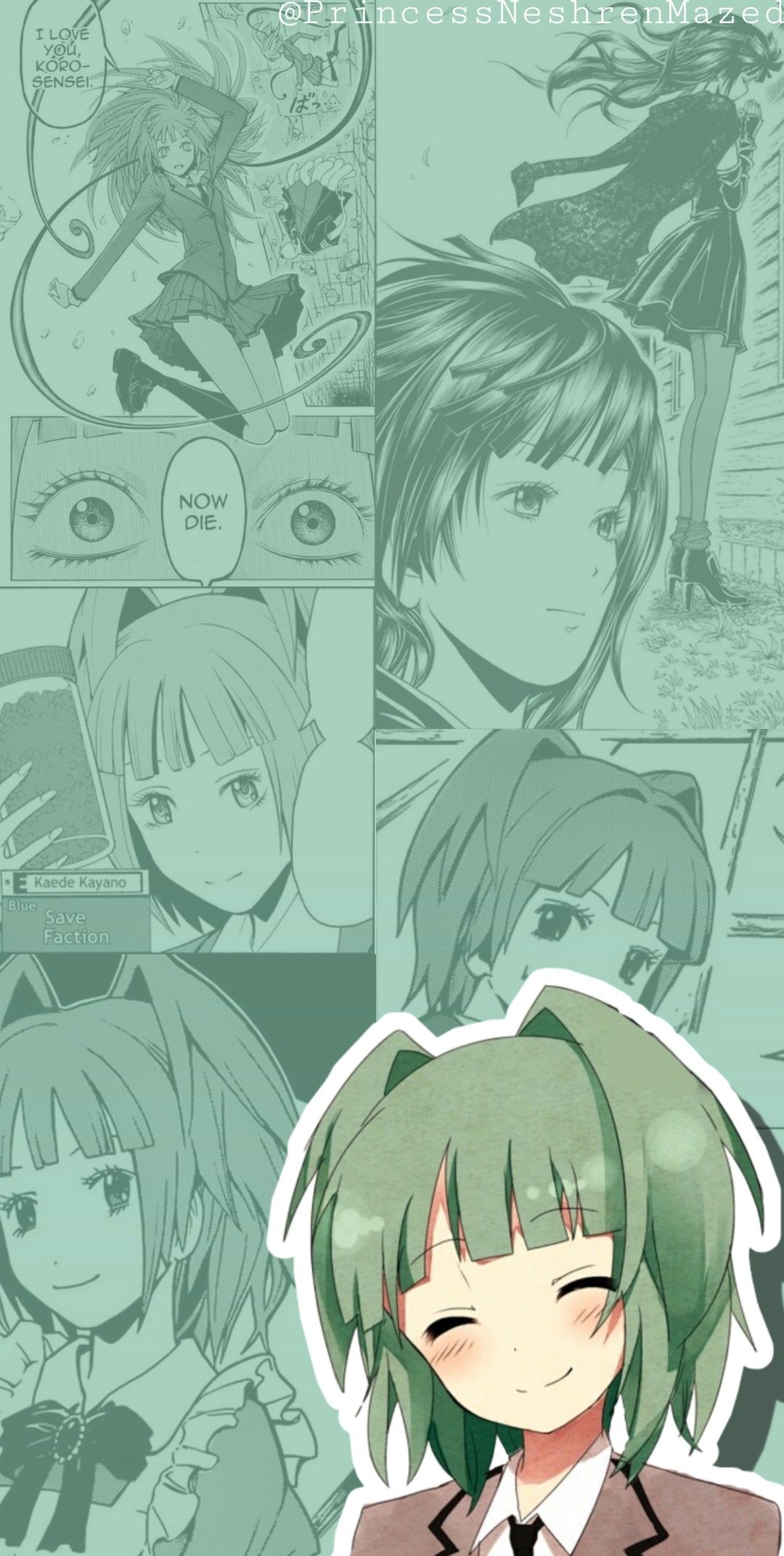 Kaede Kayano, Assassination Classroom, Manga-Panels, Mintgrün, Lächeln, Full HD, Handy-Hintergrund