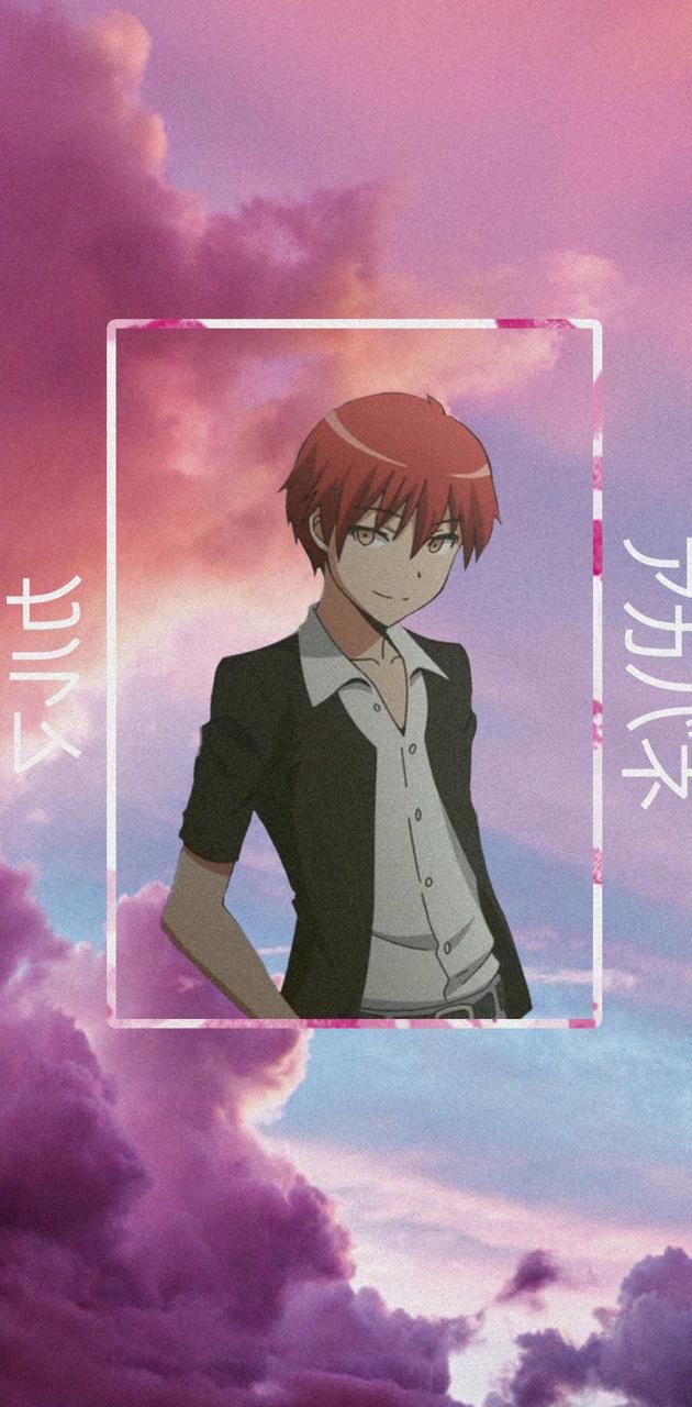 Karma Akabane, Assassination Classroom, Rosa Wolken, Rahmen, Japanische Schrift, Handy-Hintergrundbild