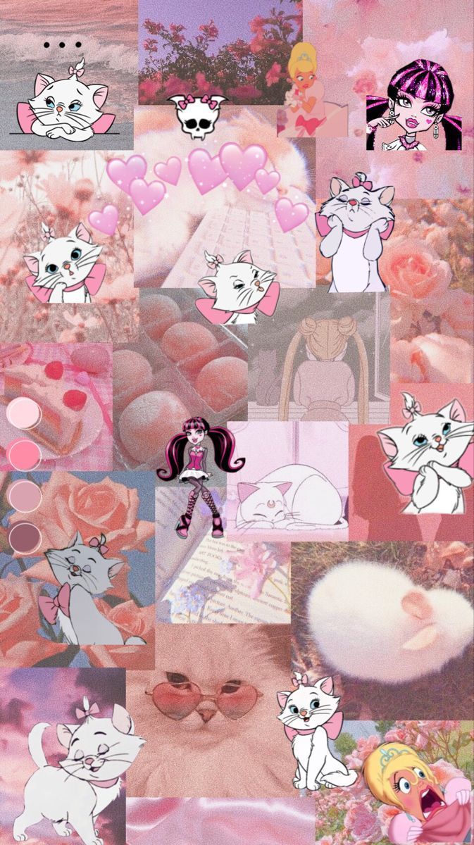 Marie (Aristocats), Aristocats, Disney, Collage, Rosa, Weiße Katze, Android-Hintergrundbild