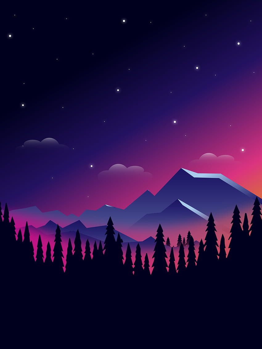 Berge, Wald, Sternenhimmel, Silhouette, Lila, Nacht, HD, iPad-Hintergrundbild