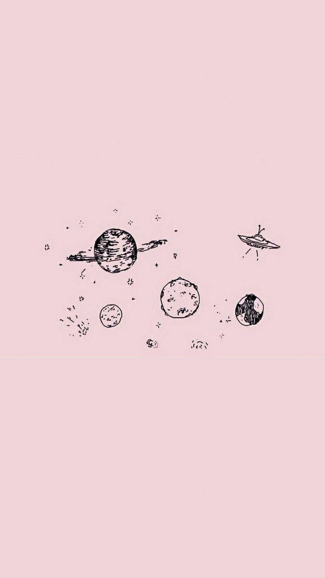 Planeten, Strichzeichnung, Weltraum, Rosa Hintergrund, Minimalistisch, Sperrbildschirm fürs iPhone