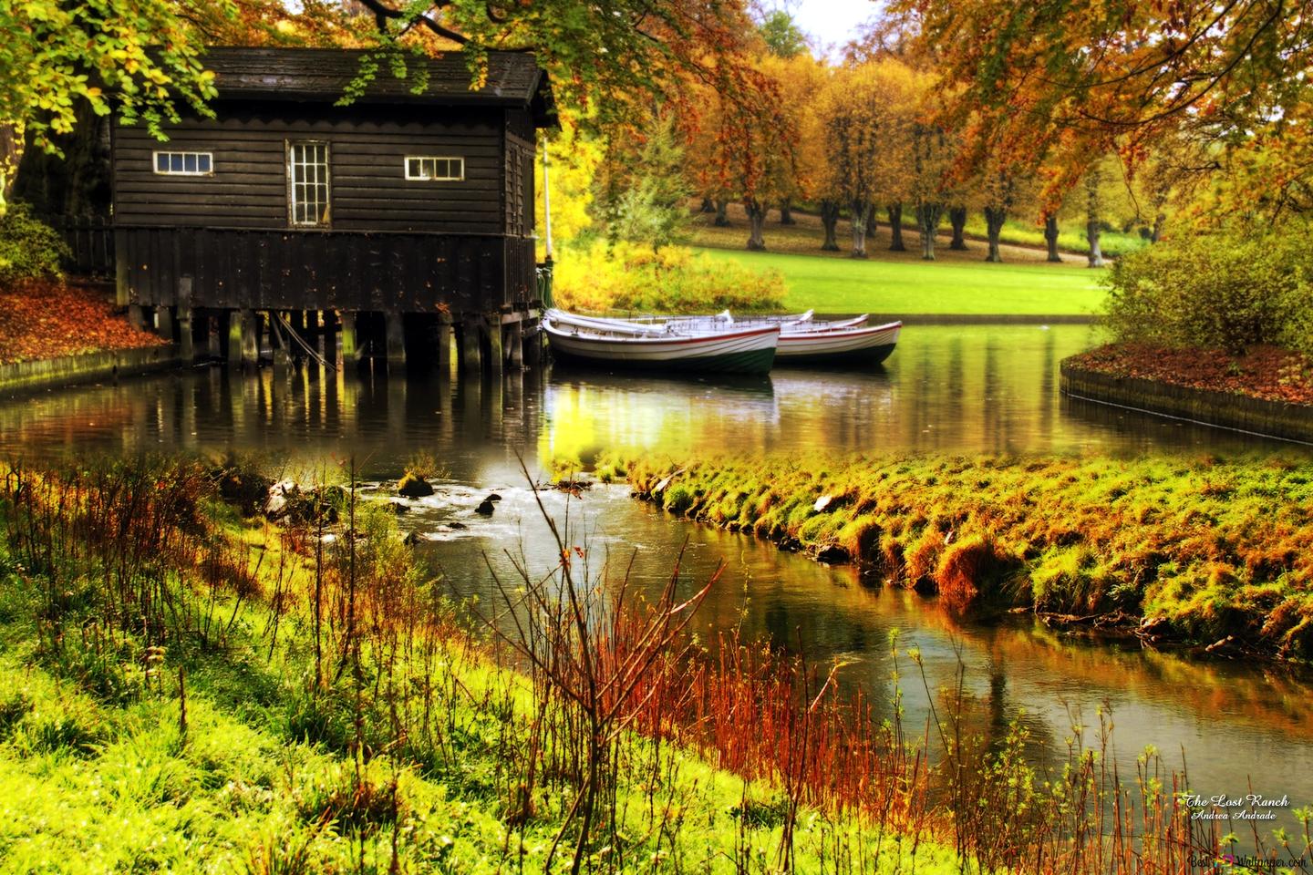 Bootshaus, Kanal, Boote, Park, Herbstbäume, HD, Hintergrundbild für den PC