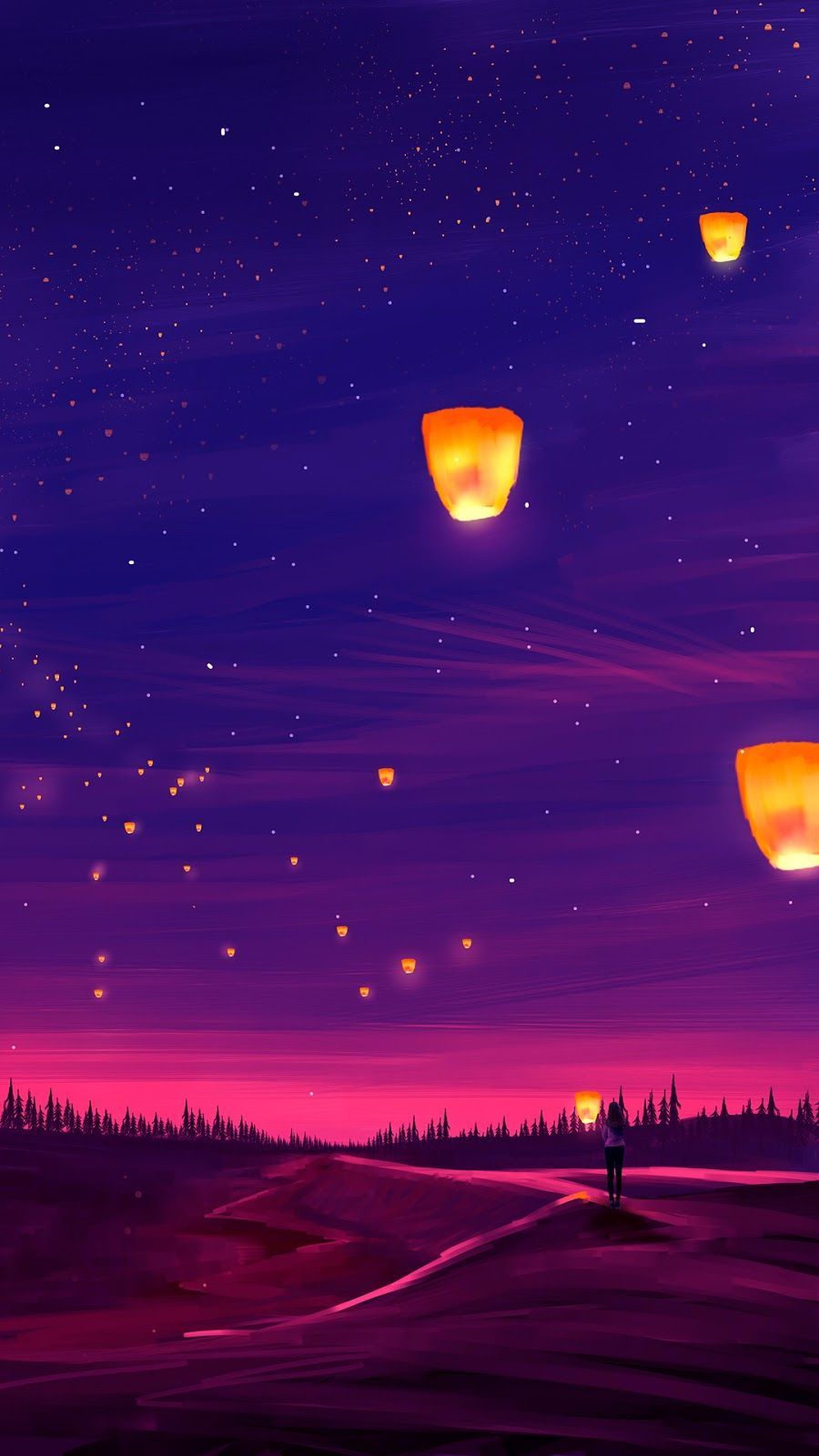 Himmelslaternen, Nachthimmel, Lila, Illustration, Sterne, HD, Handy-Hintergrund