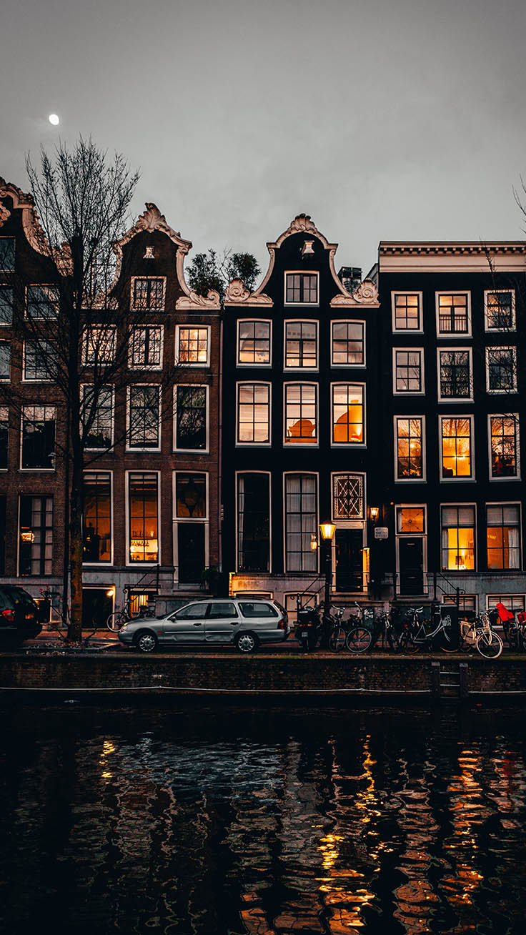 Amsterdam, Grachtenhäuser, Gracht, Abend, Spiegelung, Niederlande, Android-Hintergrundbild