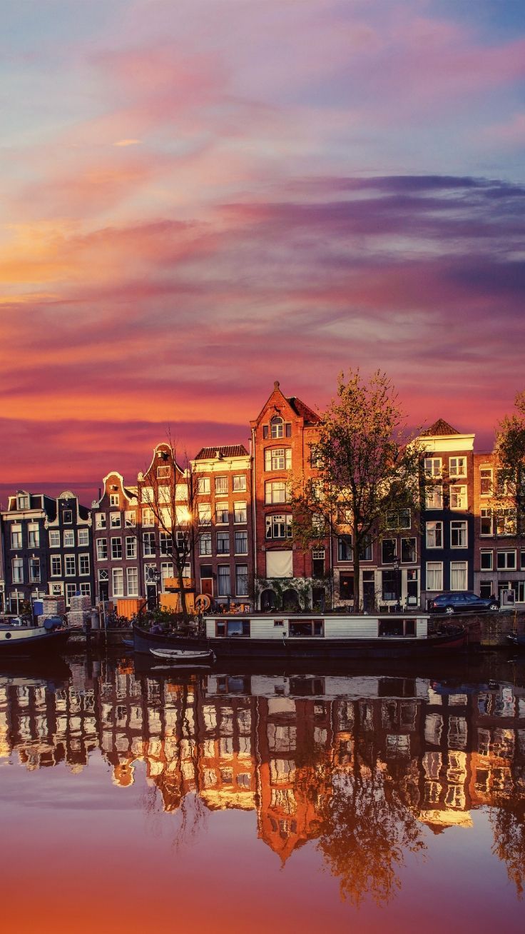 Amsterdam, Gracht, Abendrot, Spiegelung, Grachtenhäuser, Sperrbildschirm fürs iPhone