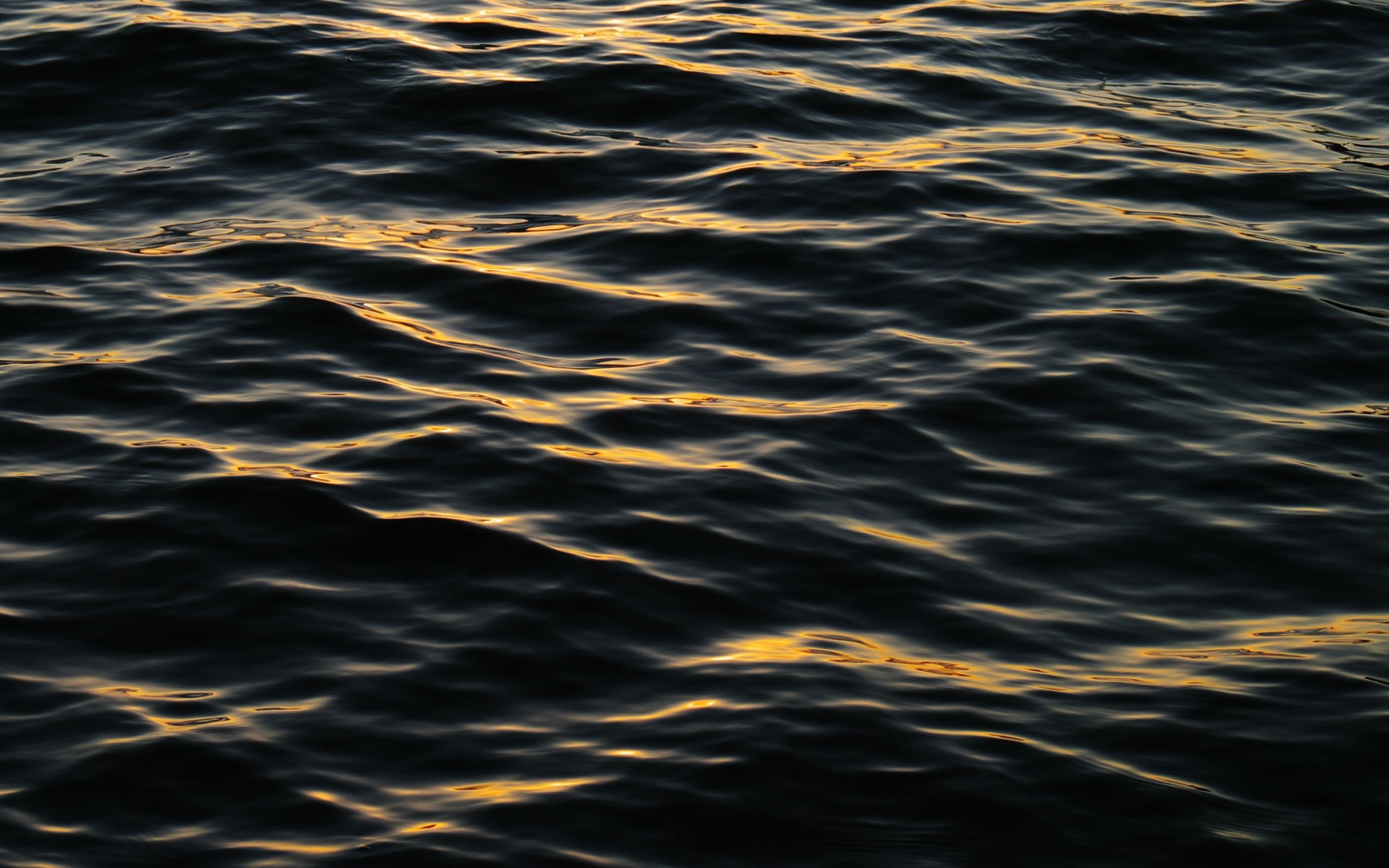 Dunkles Wasser, Wellen, Goldene Reflexe, Abendlicht, Wasseroberfläche, 2K, MacBook-Hintergrundbild