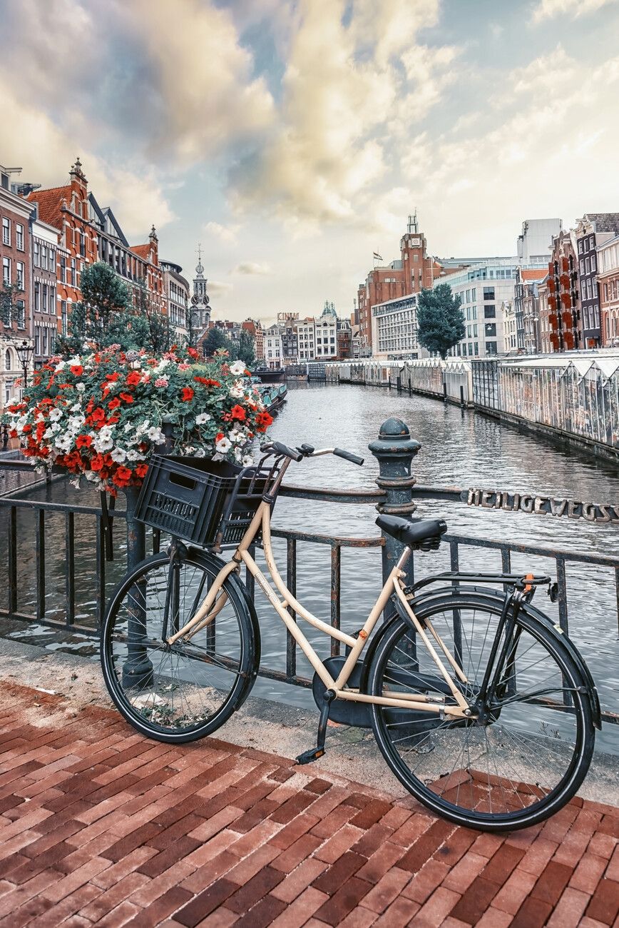 Amsterdam, Fahrrad, Blumen, Gracht, Brücke, Wolken, Hintergrundbild für iPad und Tablet