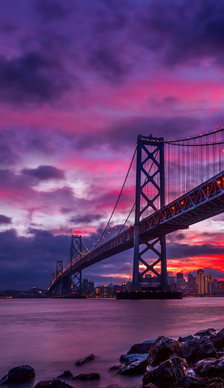San Francisco–Oakland Bay Bridge, Lila Himmel, Sonnenuntergang, Küste, HD, iPhone-Hintergrundbild