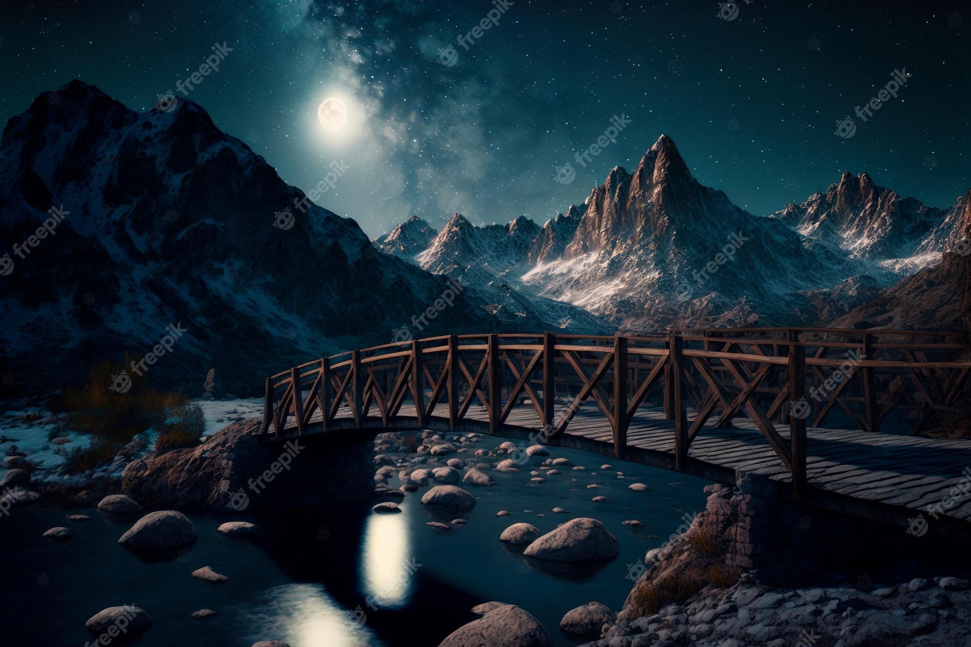 Holzbrücke, Berge, Sternenhimmel, Fantasy, Nacht, Full HD, Desktop-Hintergrund für Windows