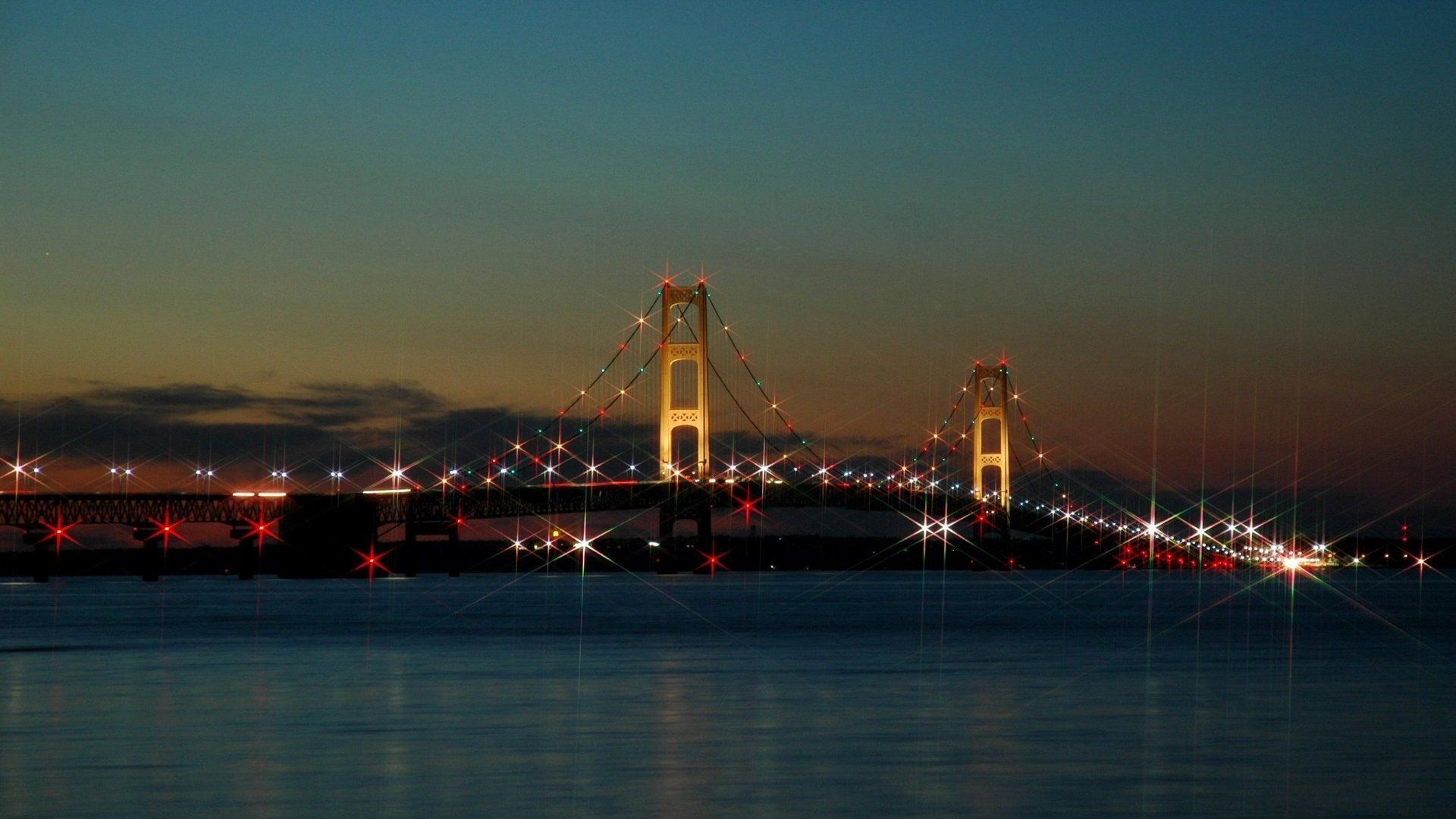 Mackinac Bridge, Michigan, Hängebrücke, Nacht, Lichter, 16:9, Full-HD-Hintergrundbild für den Desktop