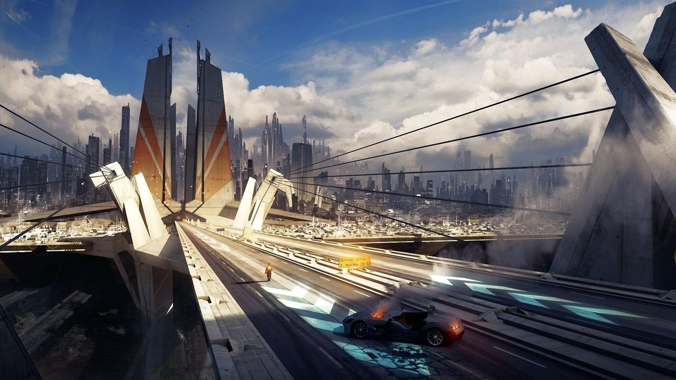 Futuristische Brücke, Science-Fiction, Stadt, Digitale Kunst, HD, Desktop-Hintergrund