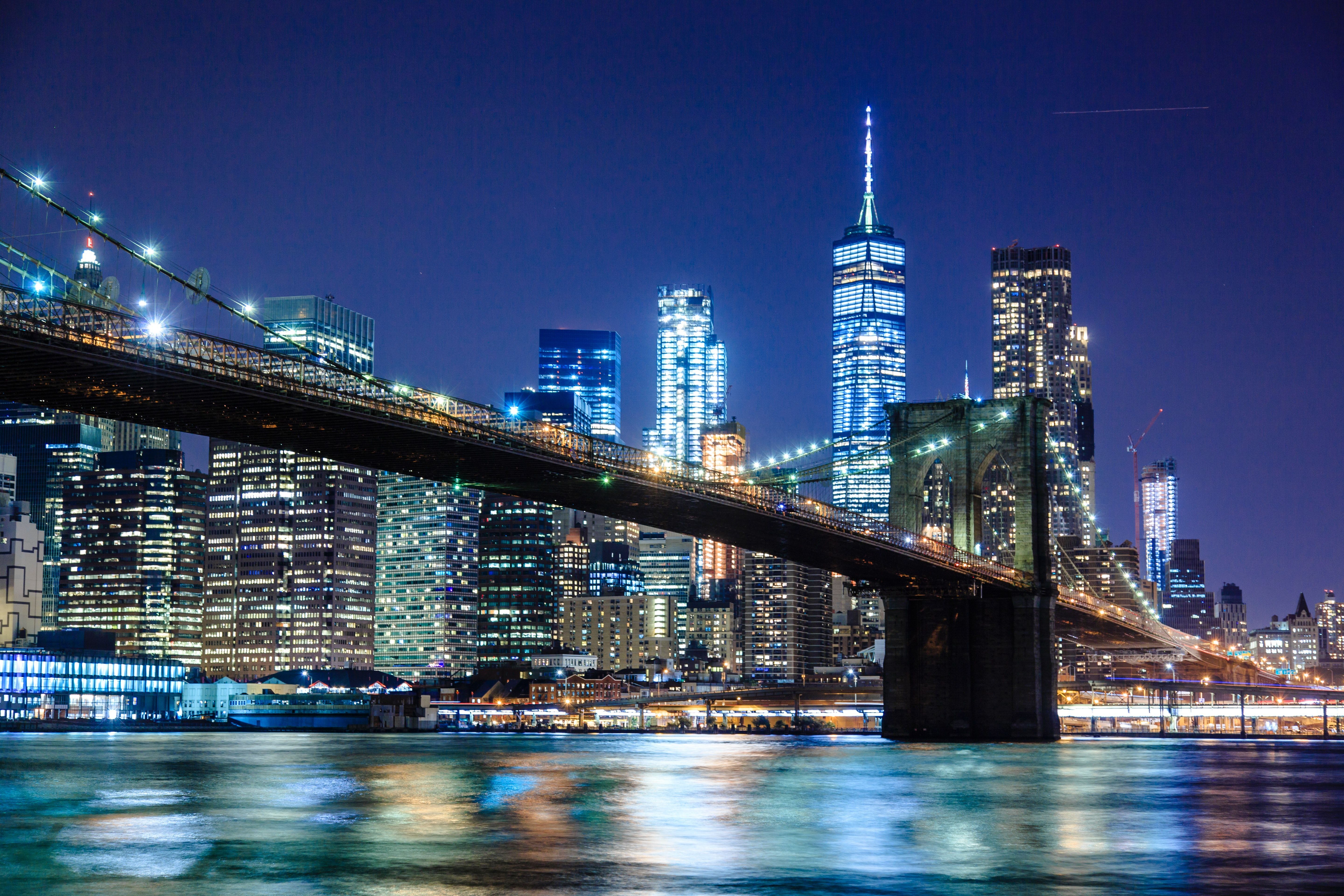Brooklyn Bridge, Manhattan, One World Trade Center, Skyline, Nacht, 5K, Laptop-Hintergrundbild