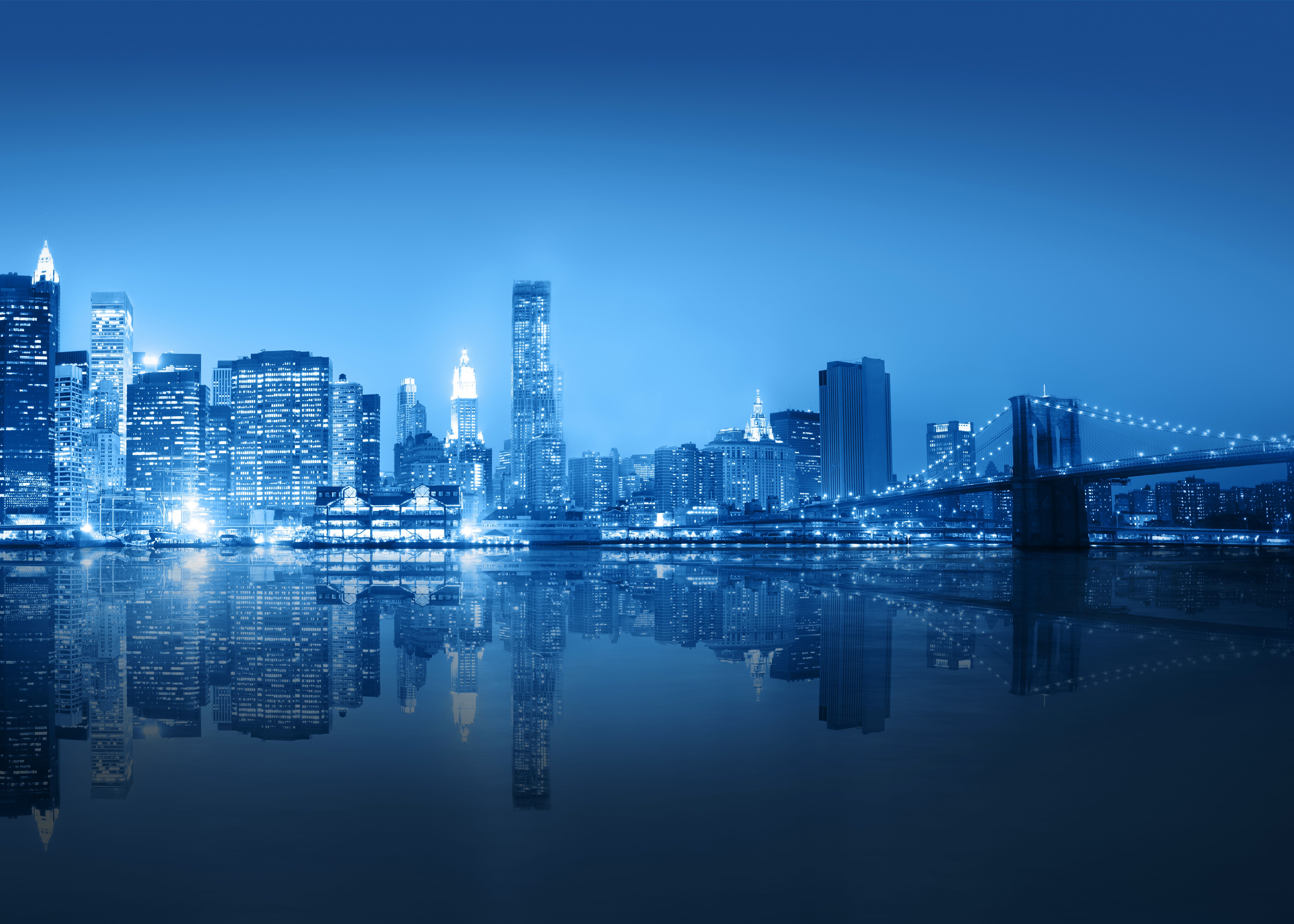 Manhattan, Brooklyn Bridge, Skyline, Blau, Spiegelung, 6K, Hintergrundbild für den PC