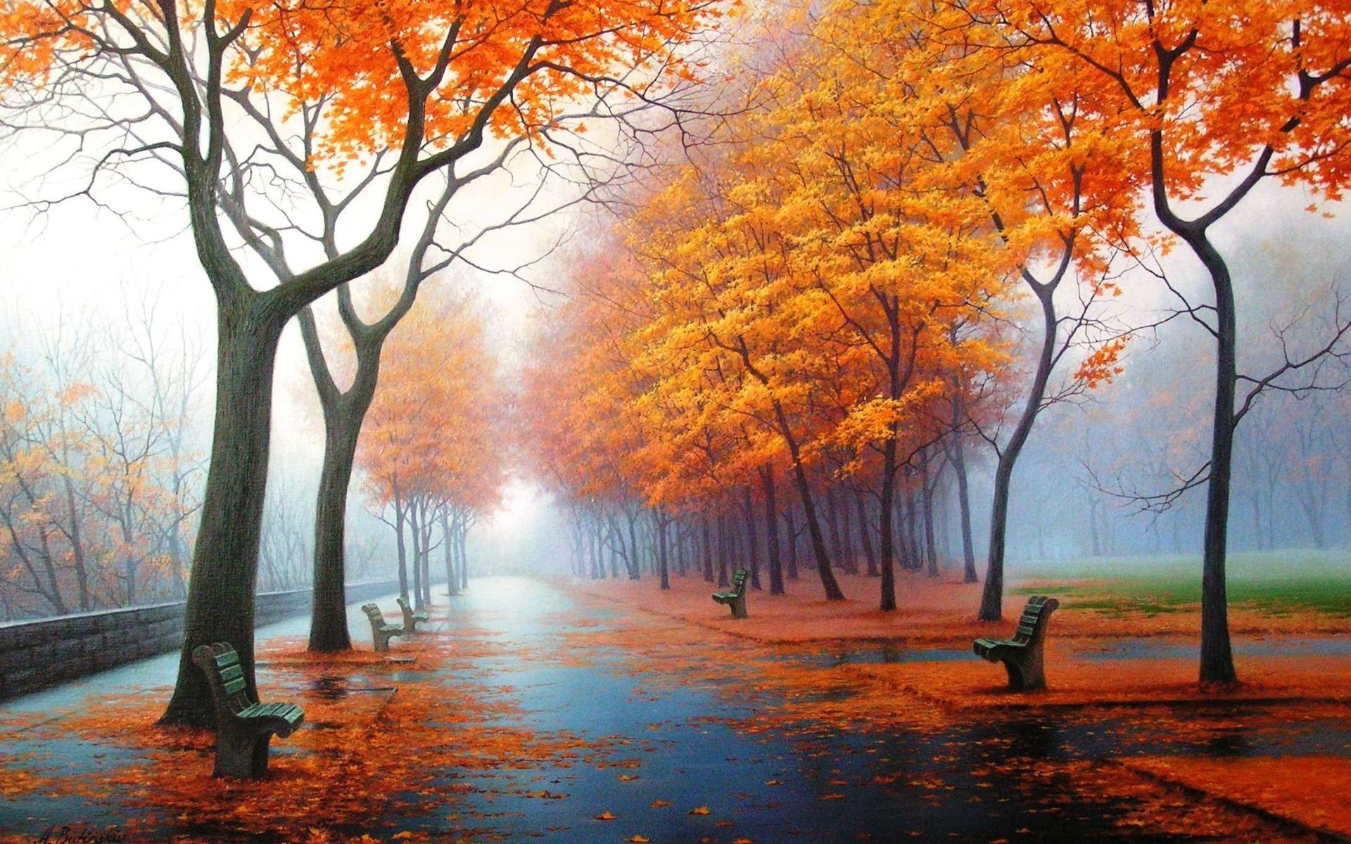 Allee, Parkbänke, Nebel, Orange Bäume, Gemälde-Stil, 16:10, Full-HD-Hintergrundbild für den Desktop