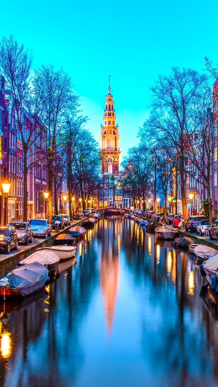 Zuiderkerk, Amsterdam, Gracht, Blaue Stunde, Spiegelung, Boote, HD, Handy-Hintergrundbild