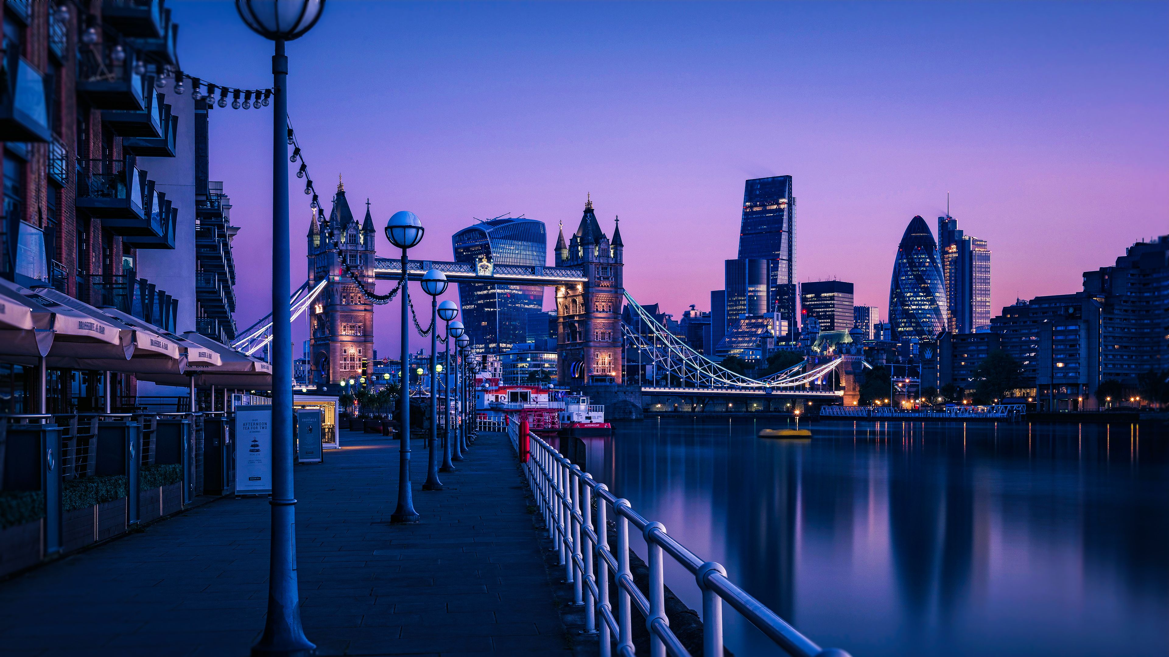 Tower Bridge, London, Themse, The Gherkin, Blaue Stunde, 3840x2160, PC-Hintergrundbild