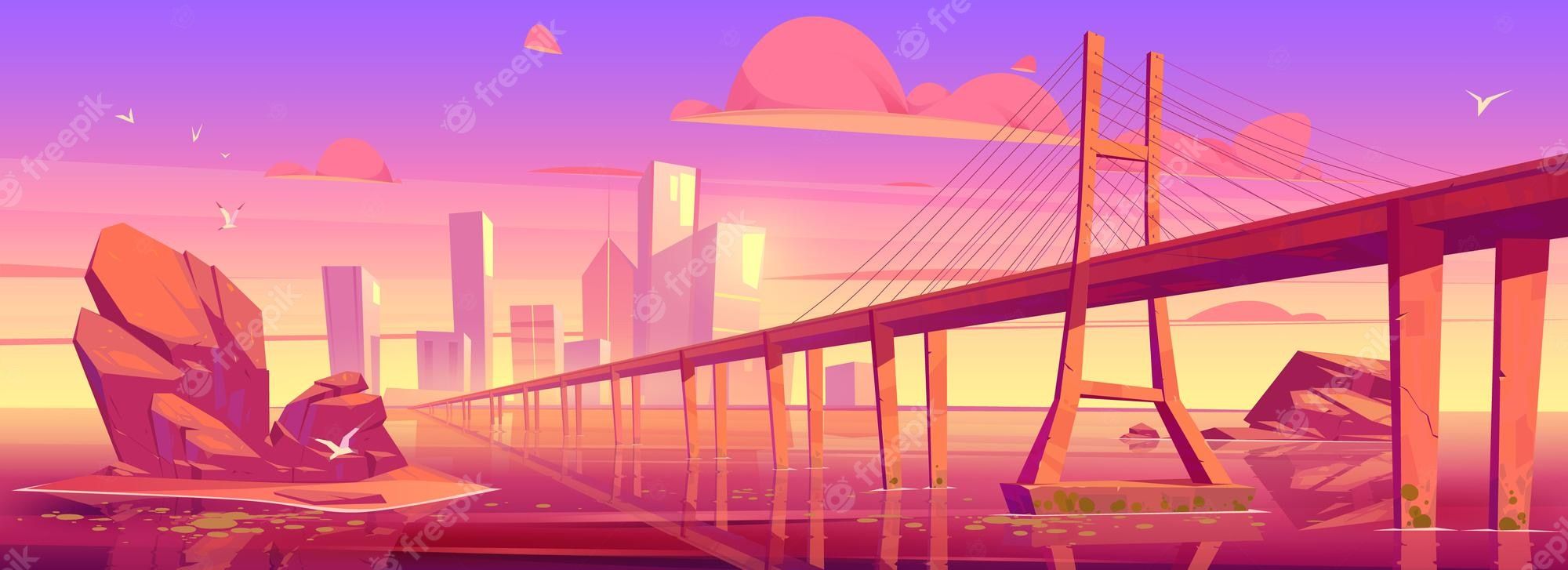 Hängebrücke, Illustration, Sonnenuntergang, Rosa, Skyline, Full HD, Windows-Hintergrundbild