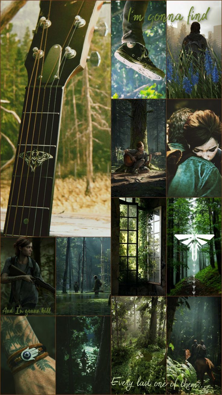Ellie, The Last of Us, Collage, Gitarre, Natur, Grüne Töne, Android-Hintergrundbild
