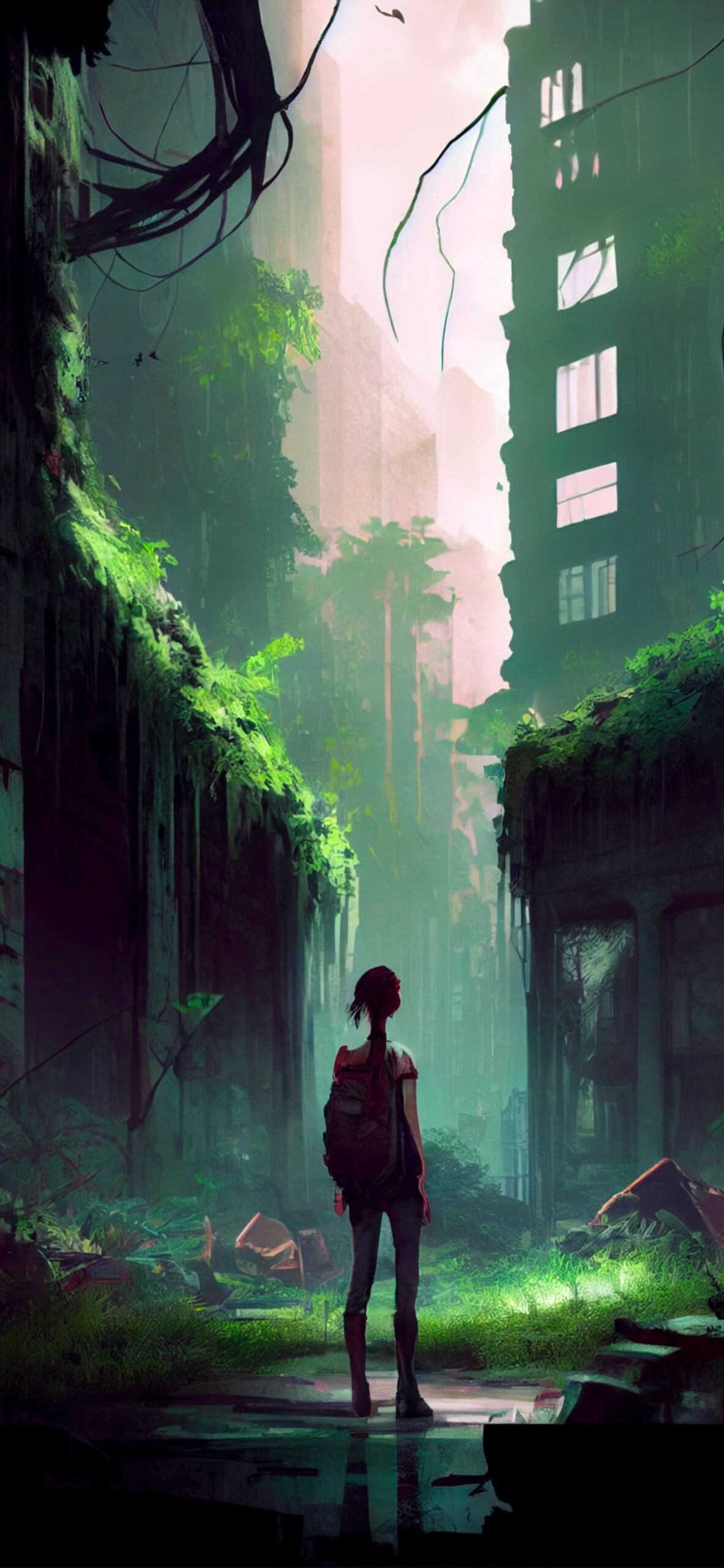 Ellie, The Last of Us, Verlassene Stadt, Ranken, Digitale Kunst, Hintergrundbild fürs Handy